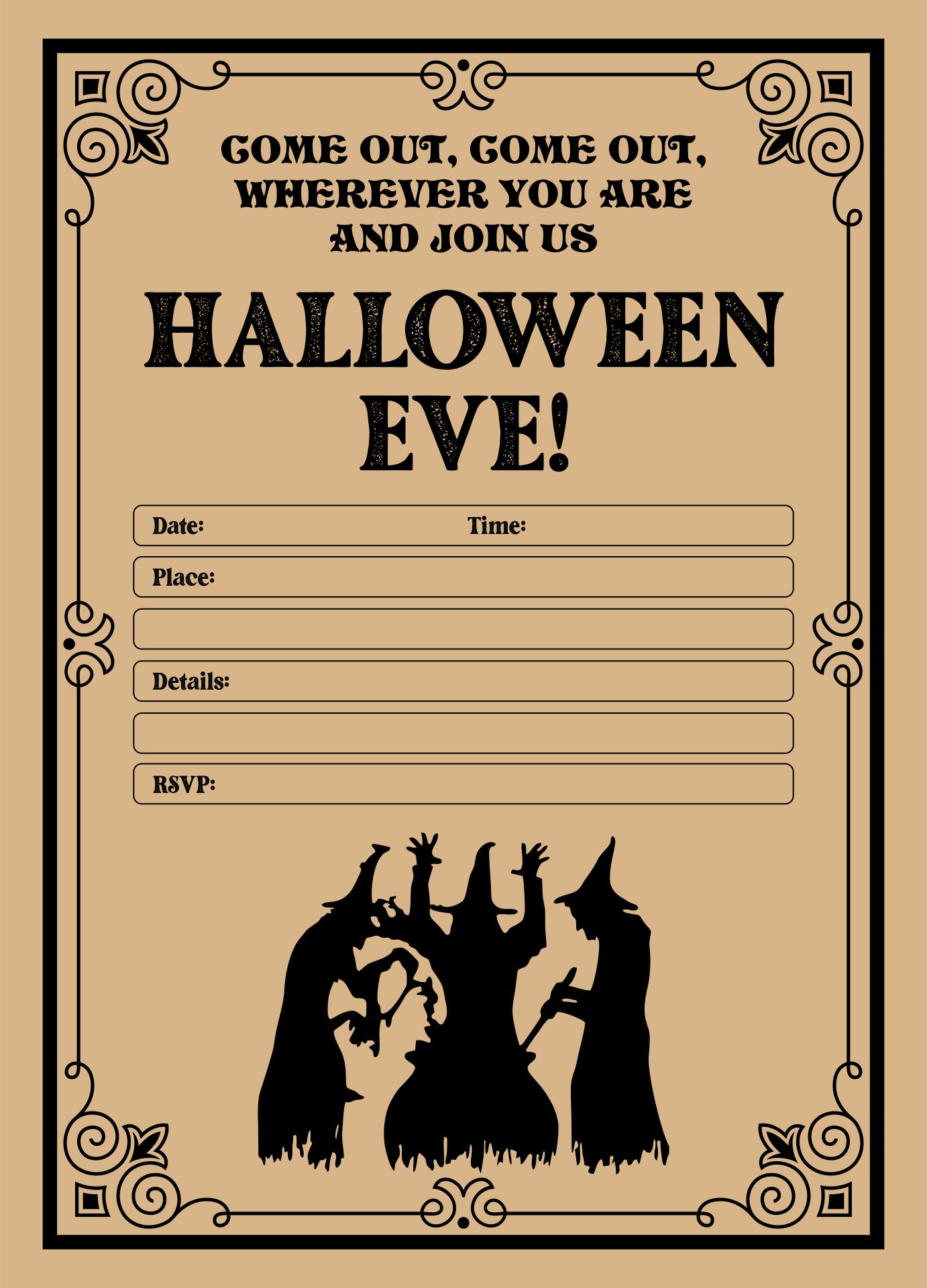 Printable Three Witches Silhouettes Halloween Party Invitations