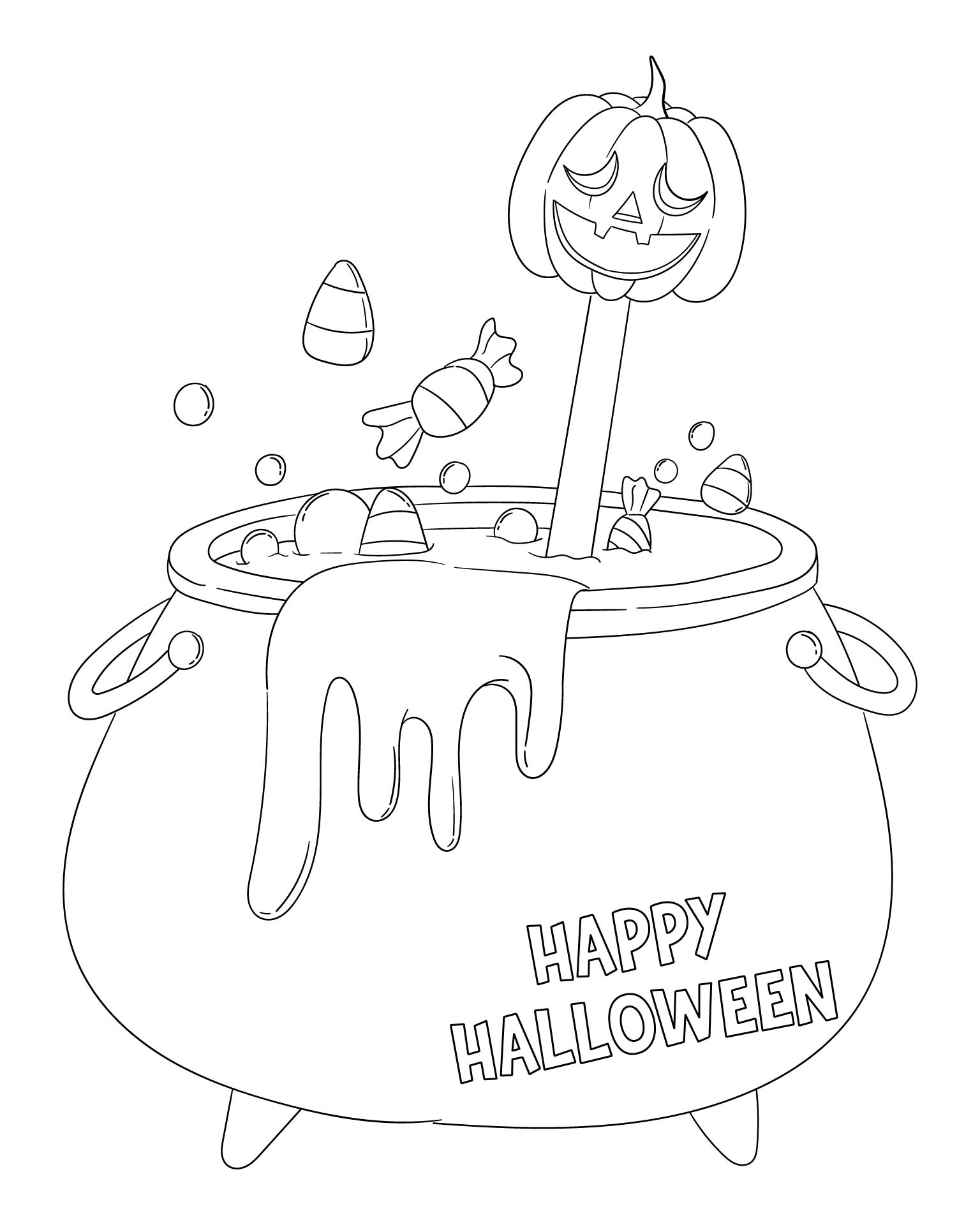 Printable Uncolored Happy Halloween Coloring Page With Candy
