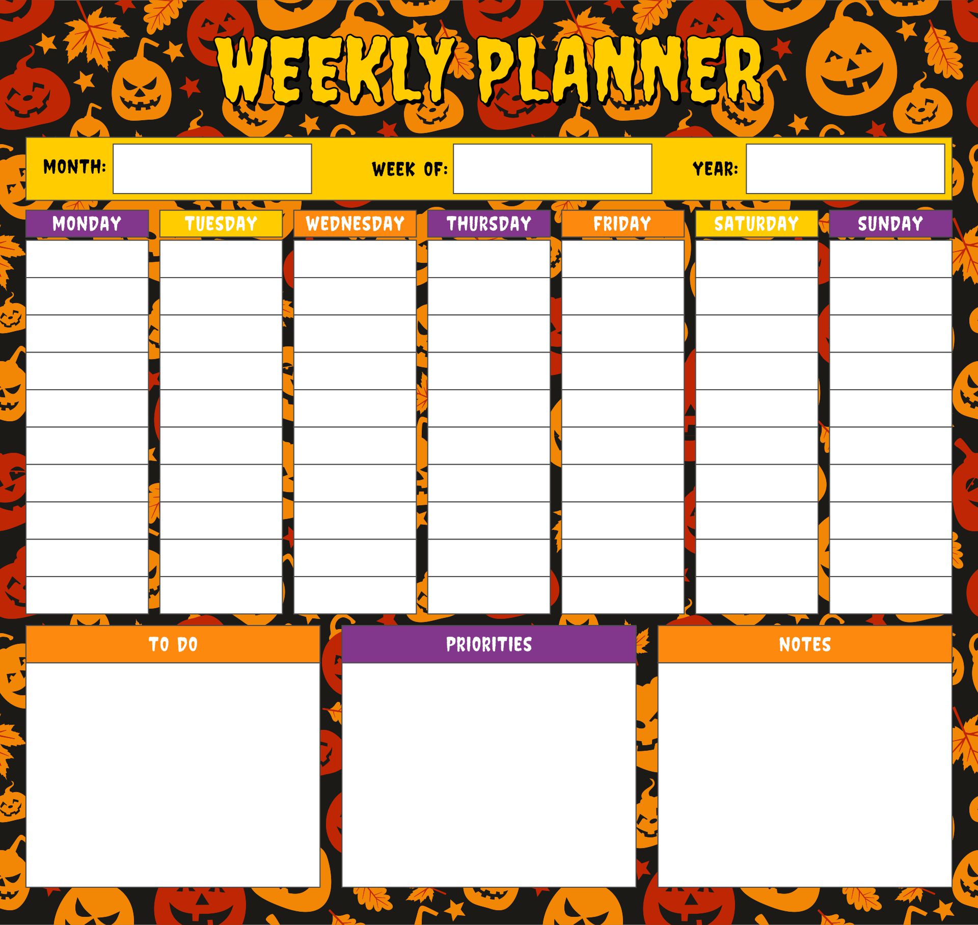 Printable Weekly Planner For Fall Halloween Thanksgiving