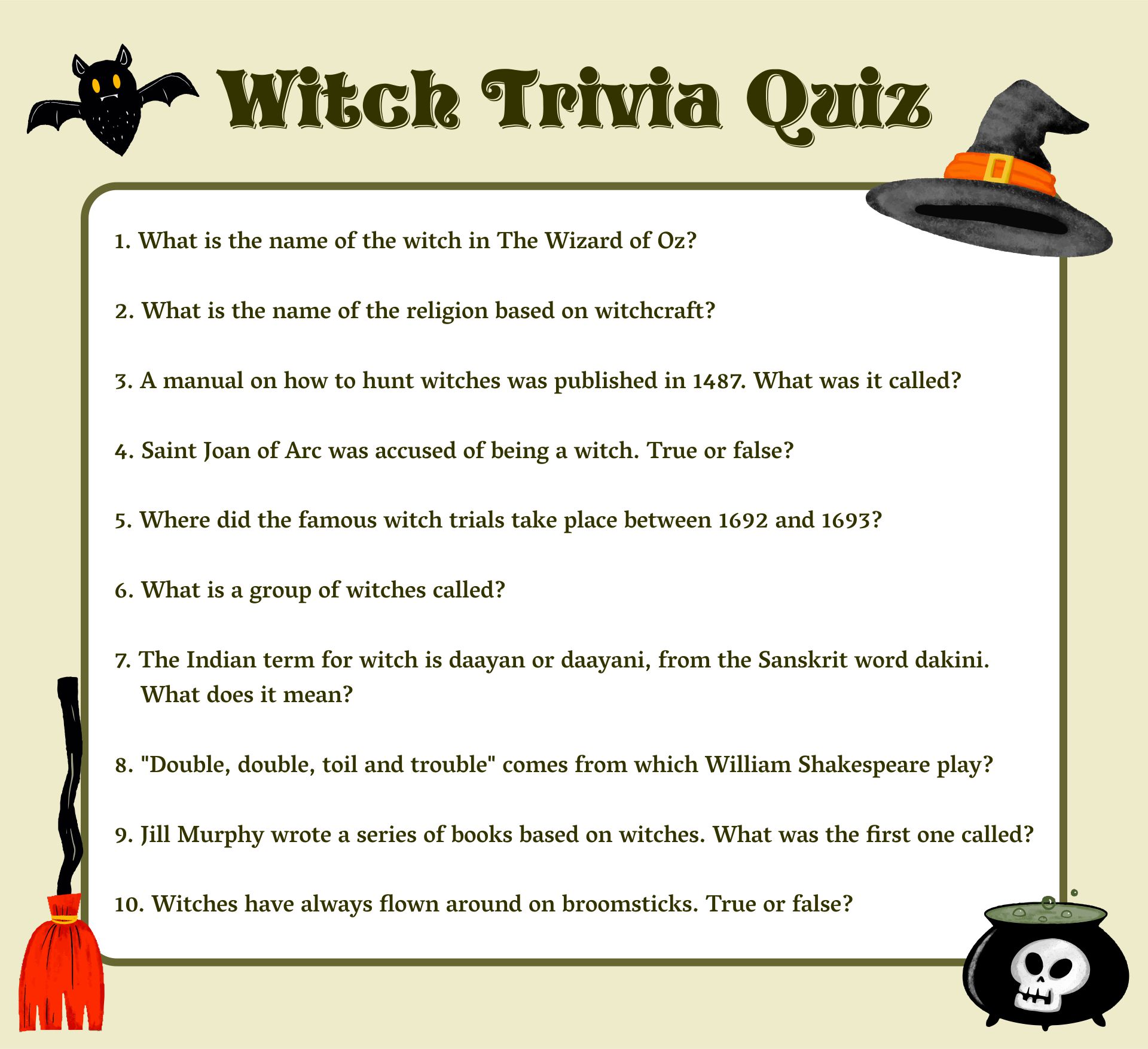 Printable Witch Trivia Quiz For Halloween