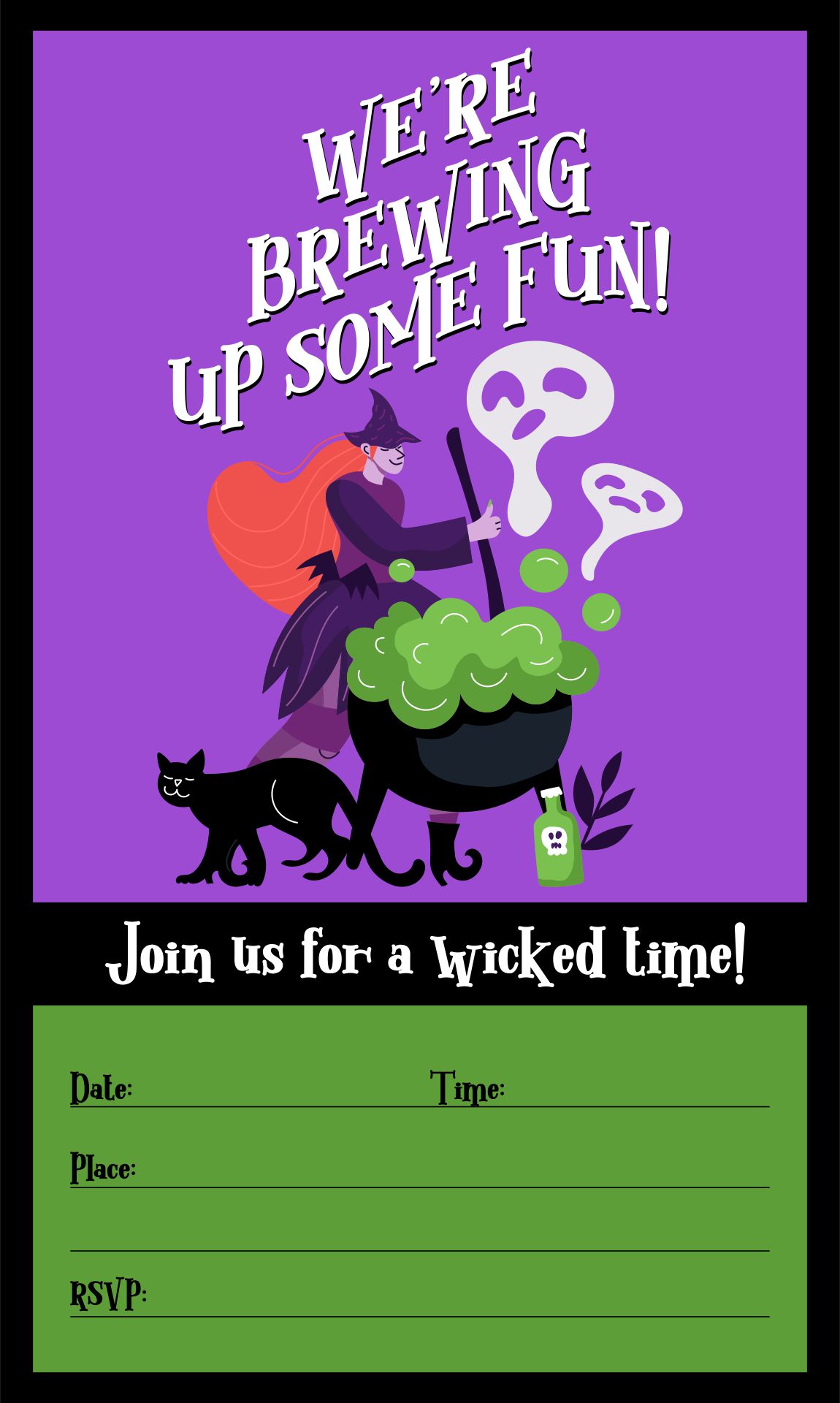 Printable Witch With Cauldron Halloween Party Invitation