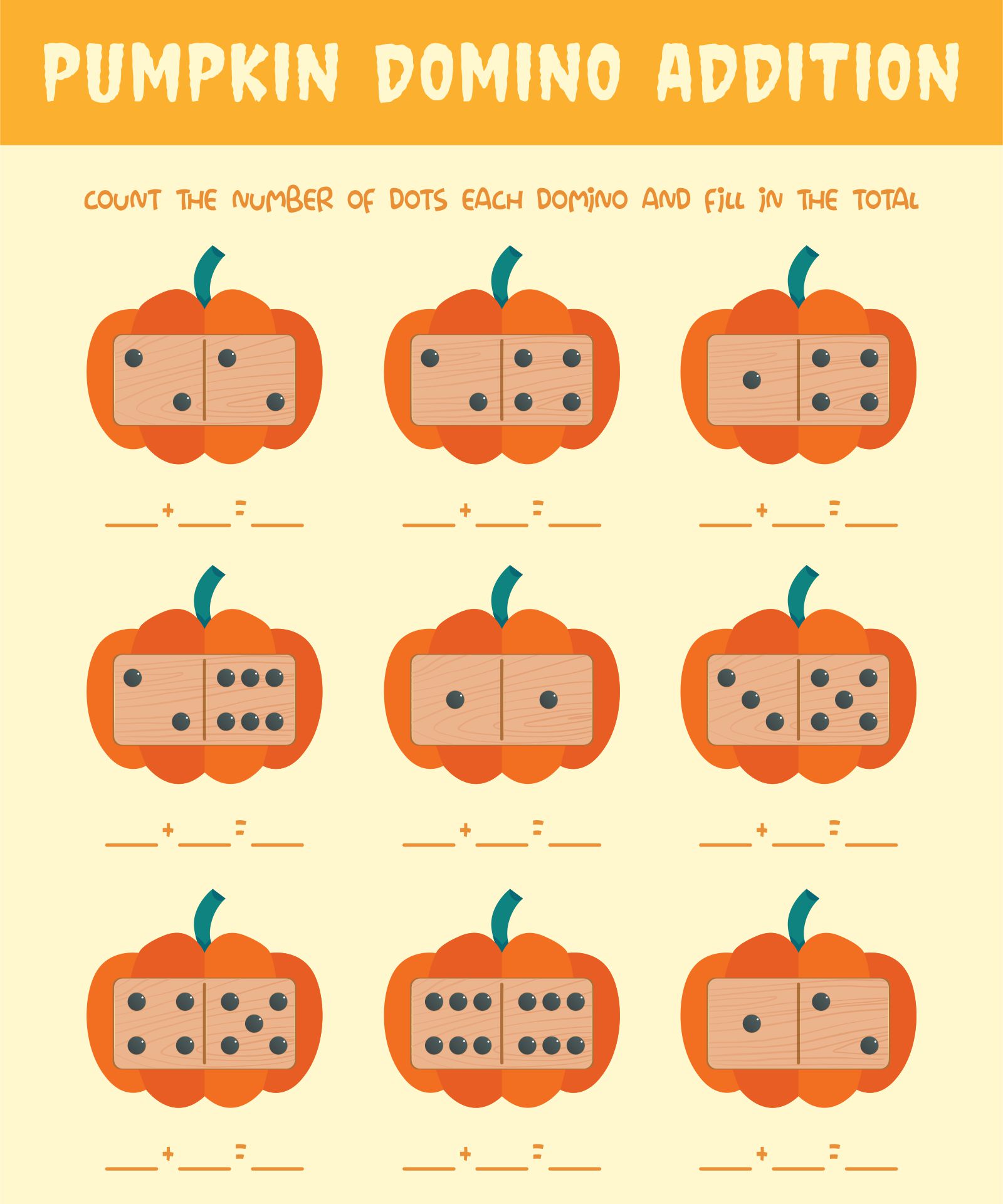 Pumpkin Domino Addition Printable Math Activity