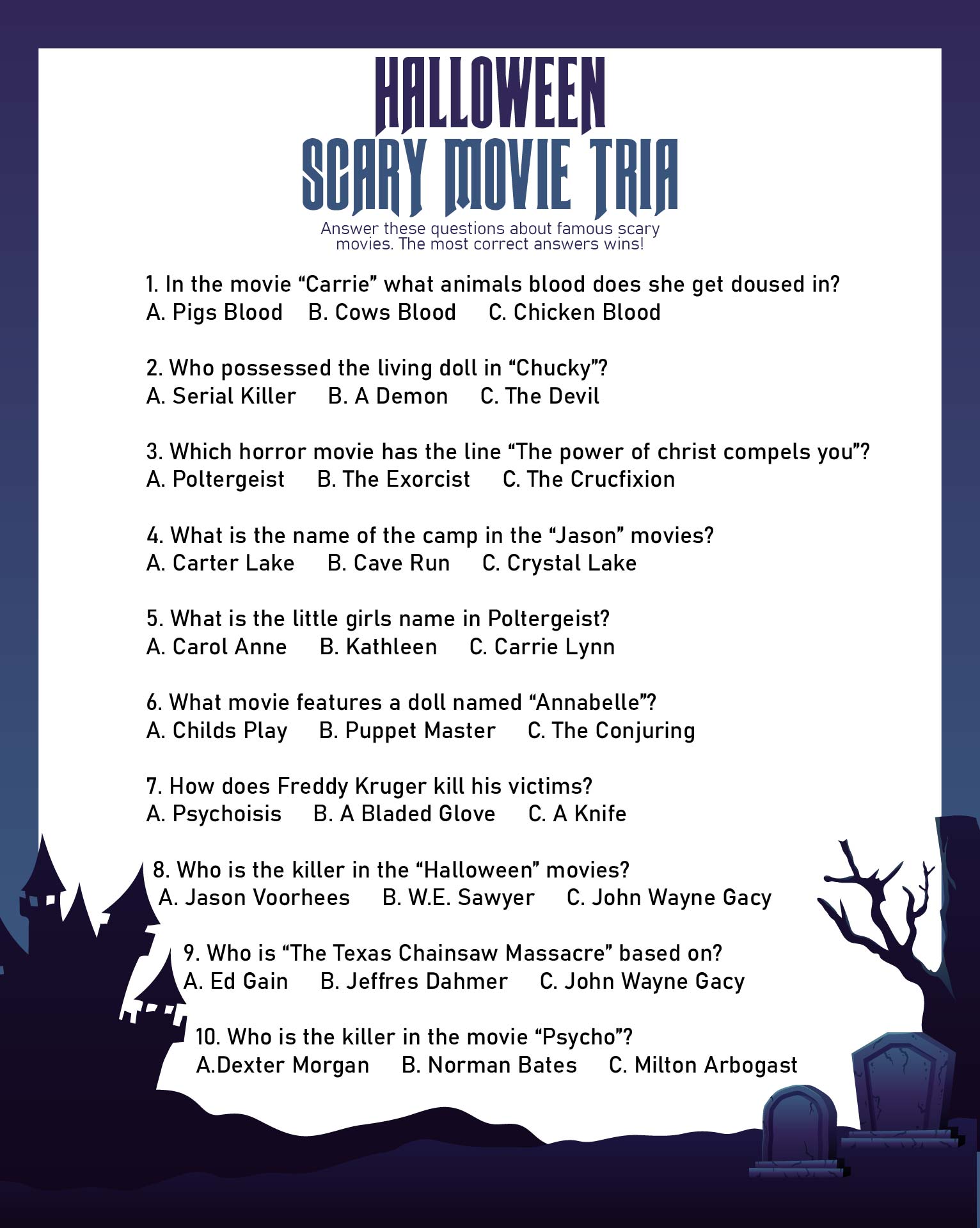 Twisted Horror Movie Trivia Halloween Party Games Printable
