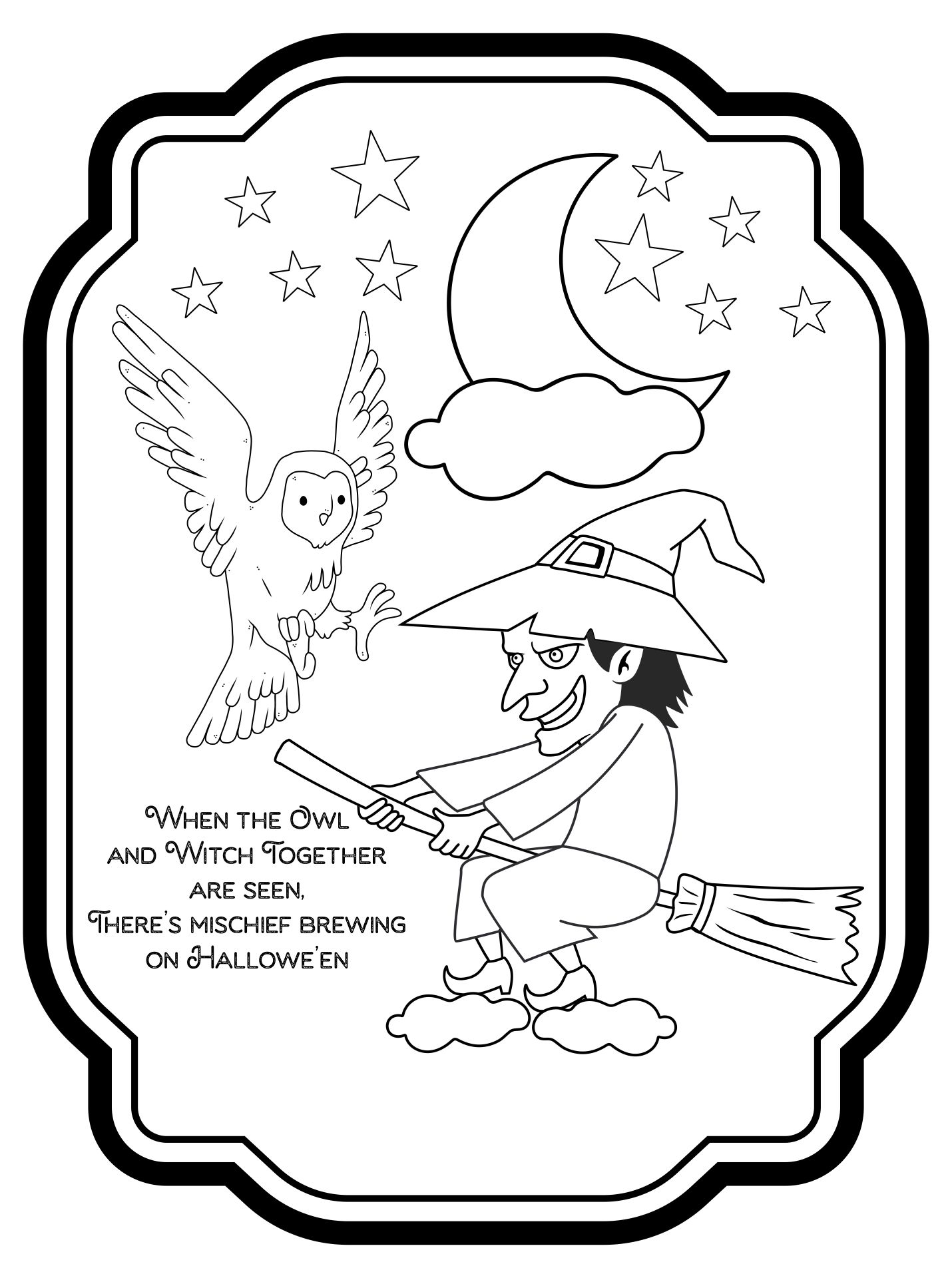 Witch And Owl Vintage Halloween Postcard Coloring Page Printable