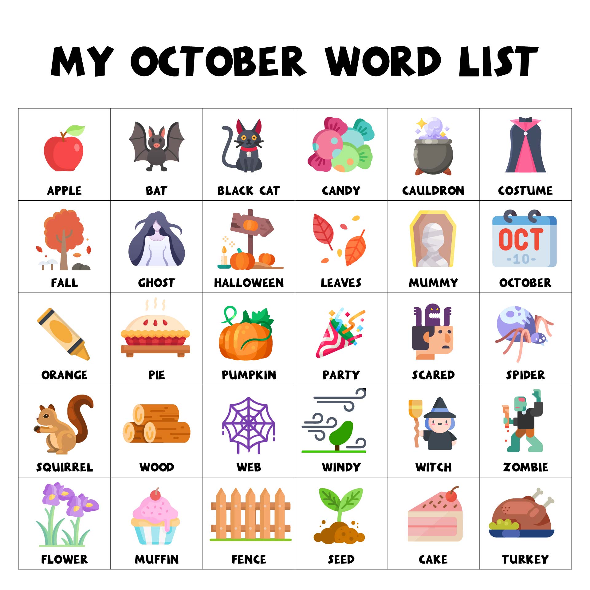 Word Wall Halloween Fall Pumpkins Printable List