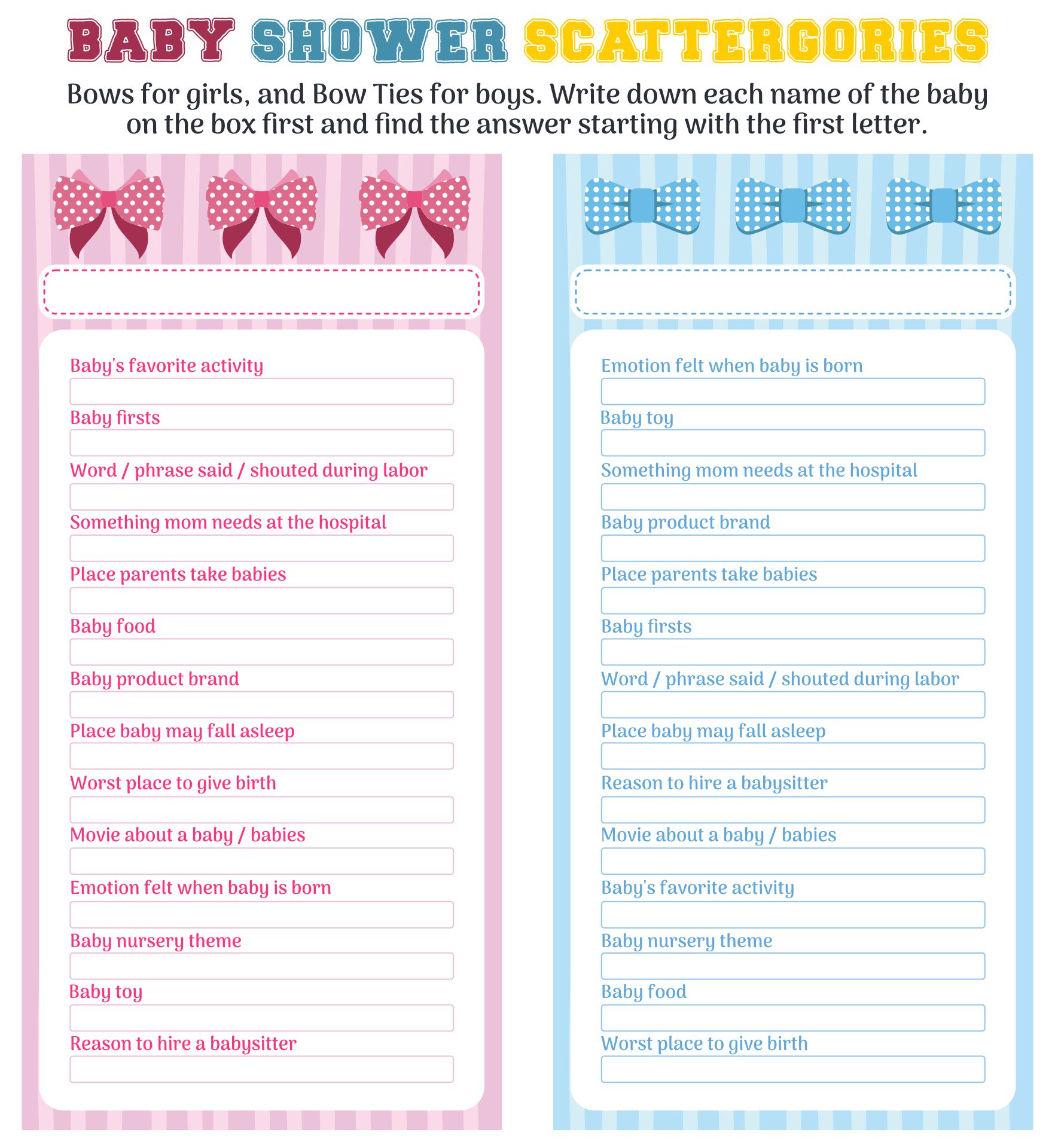 Bows & Bow Ties Baby Shower Games Printable