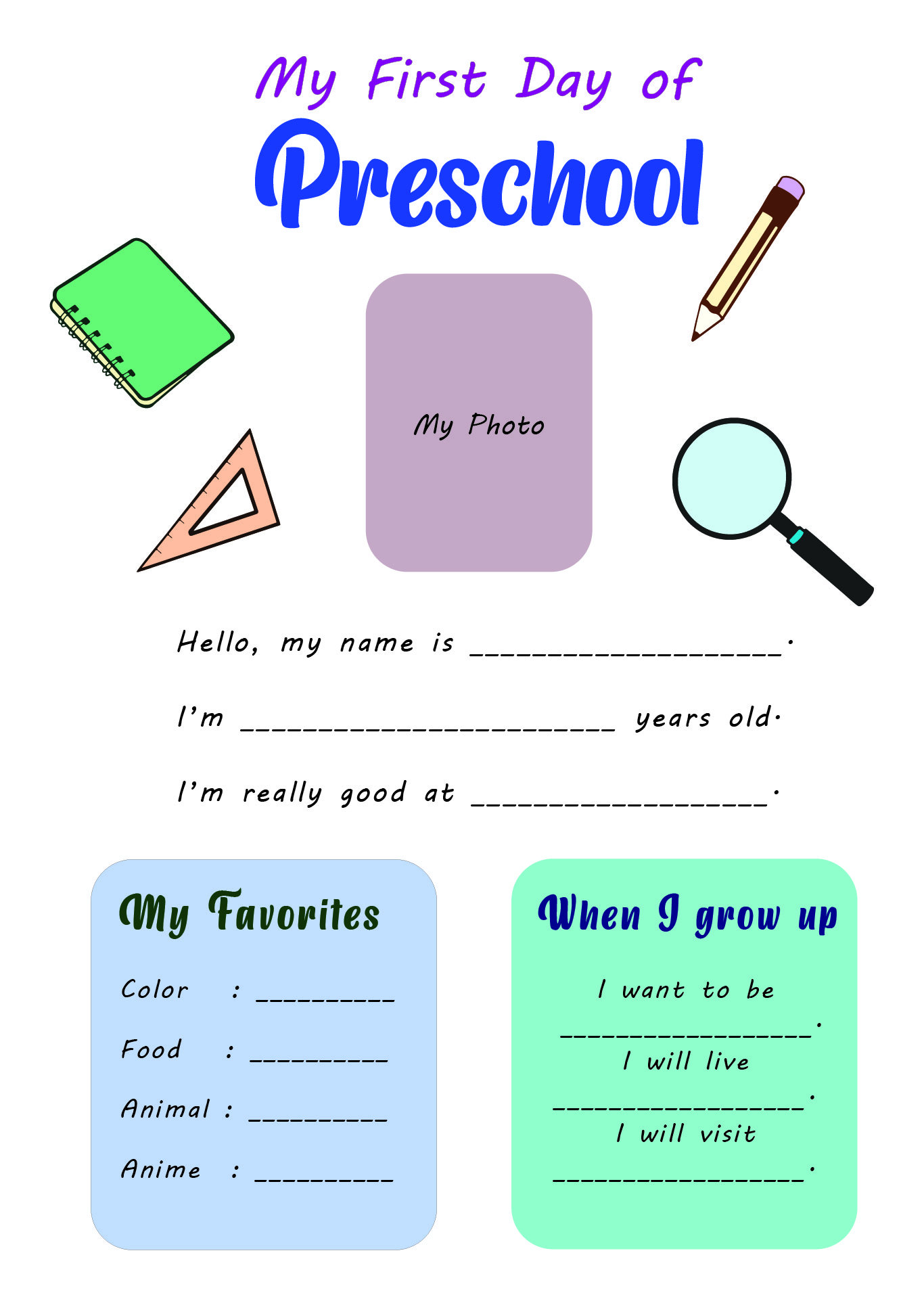 First Day Of Preschool My Interview Printable
