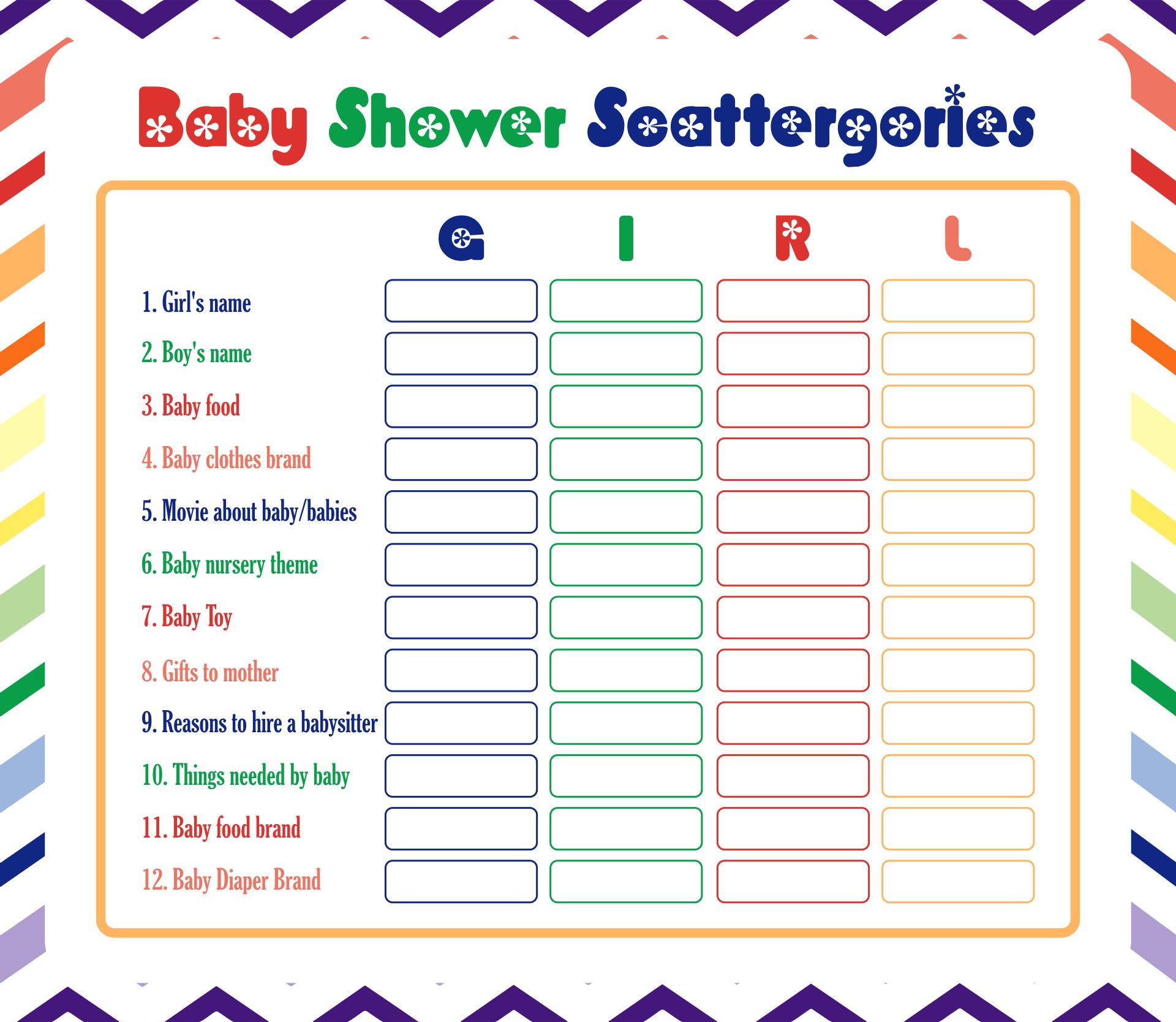 Printable Baby Shower Scattergories Game List In Rainbow Colors