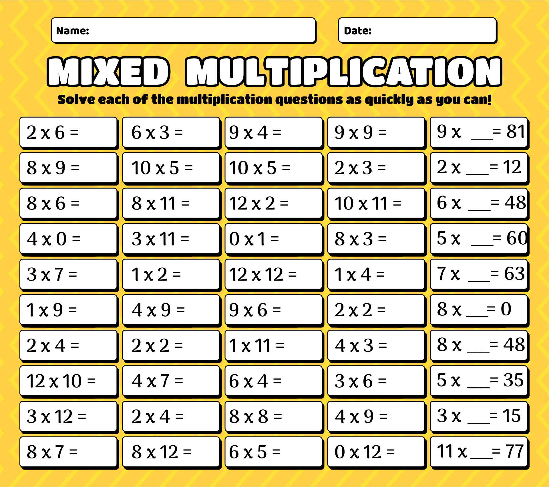 Printable Mixed Times Tables Worksheet