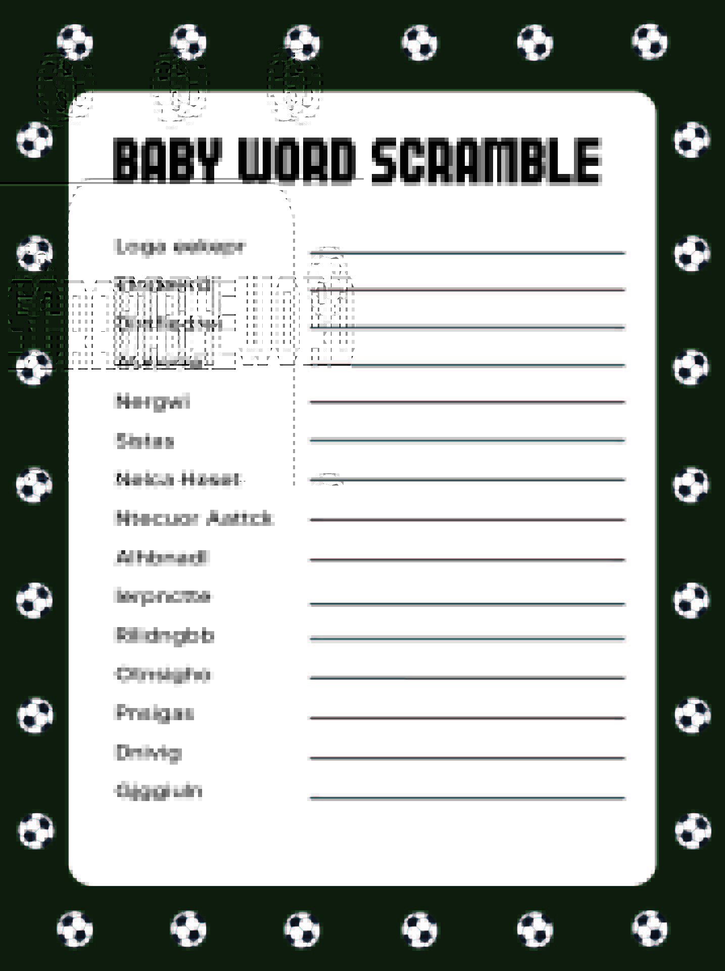Word Scramble Baby Shower Game Football Printable