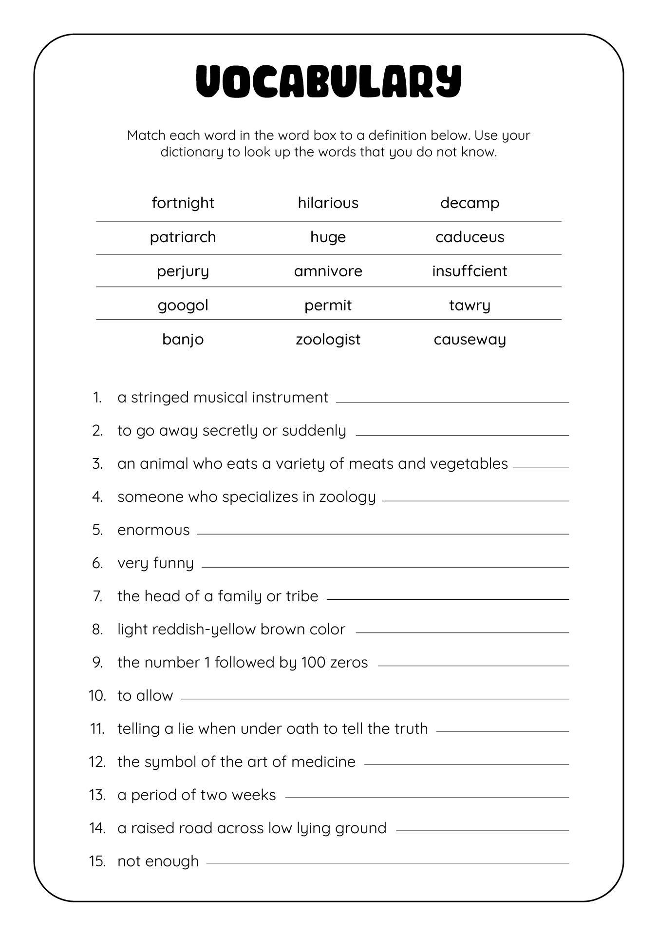 4th Grade Printable Vocabulary Worksheet