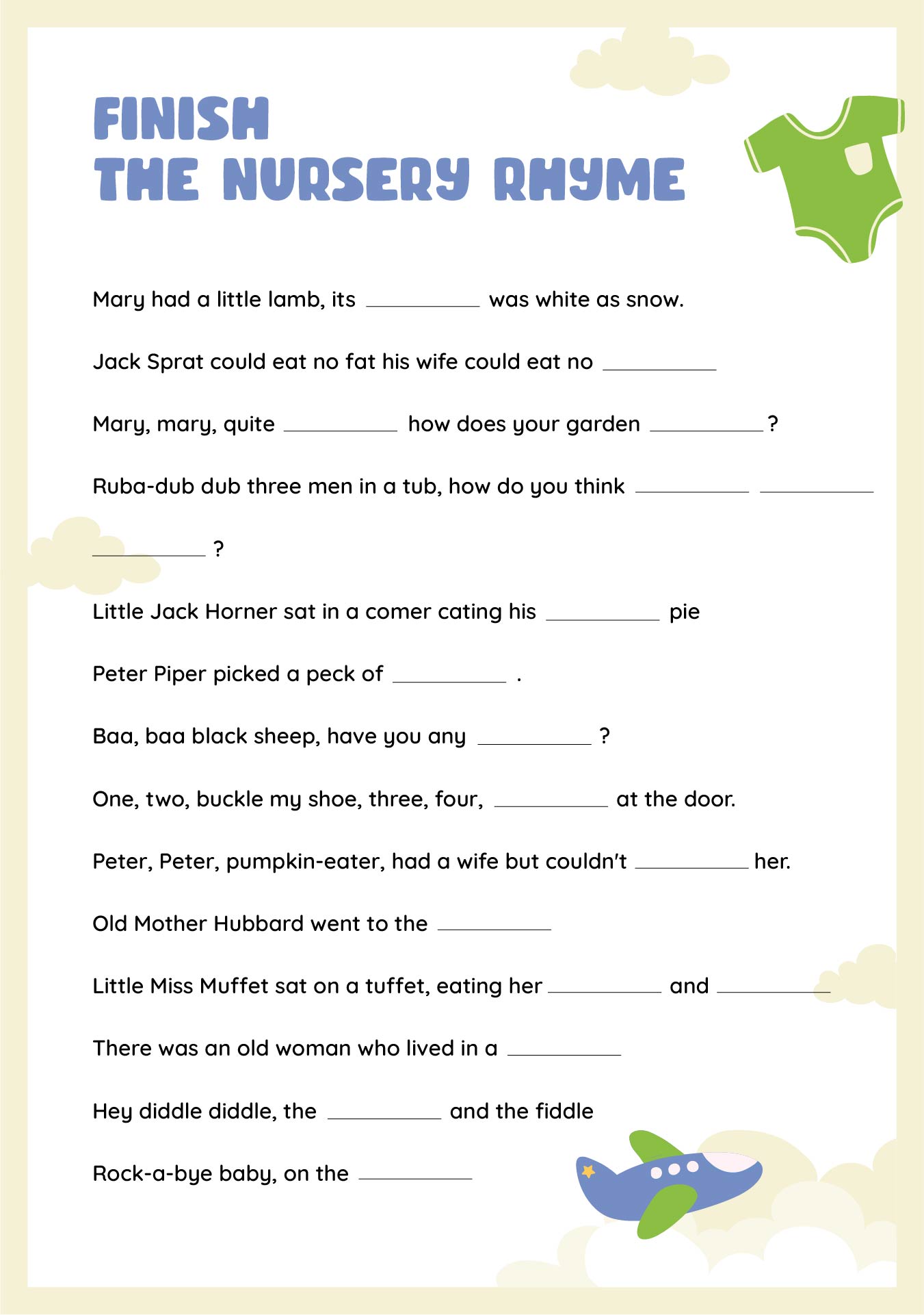 Baby Shower Game Finish The Nursery Rhyme Printable