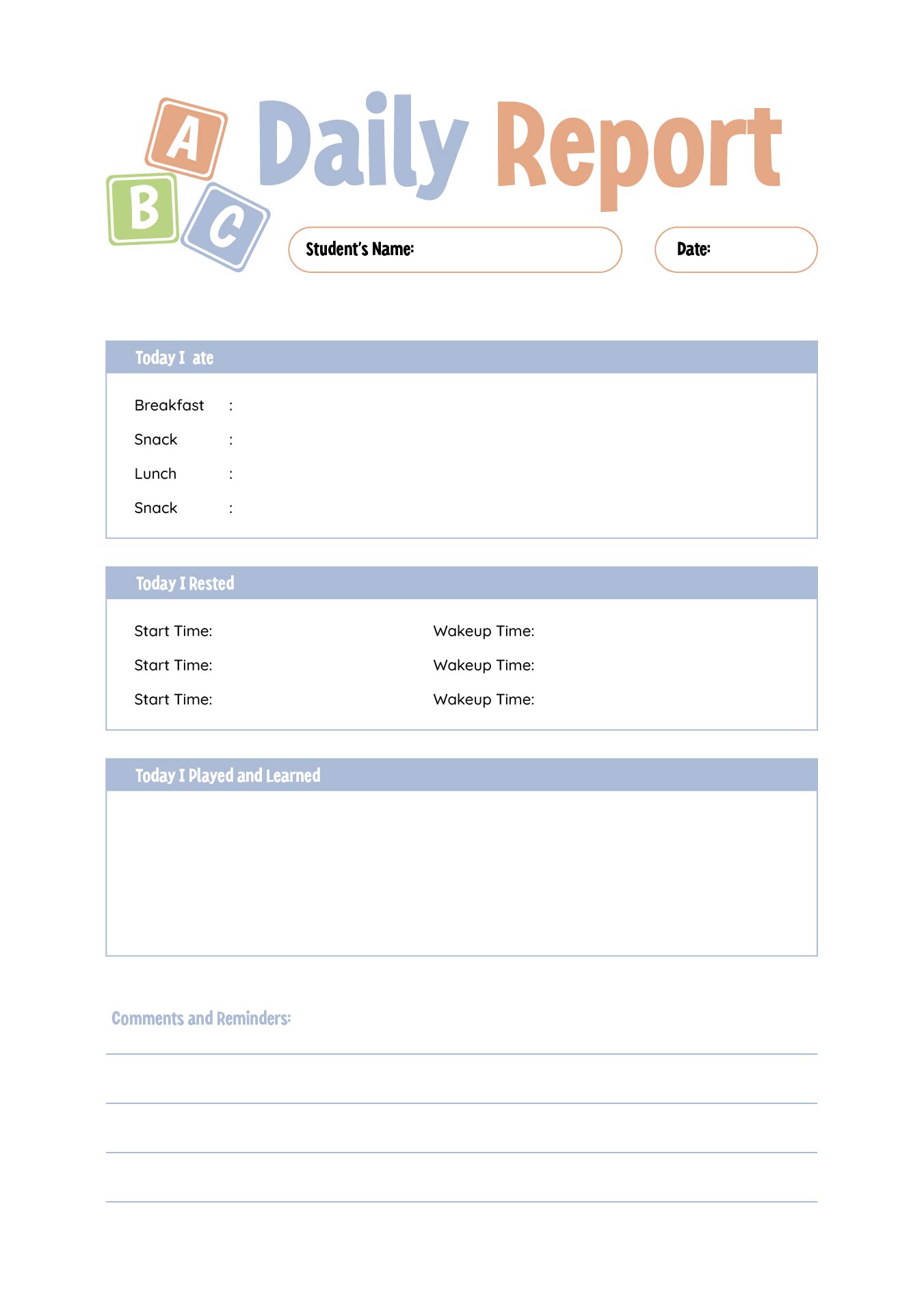 Daycare Daily Report Child Care Printable