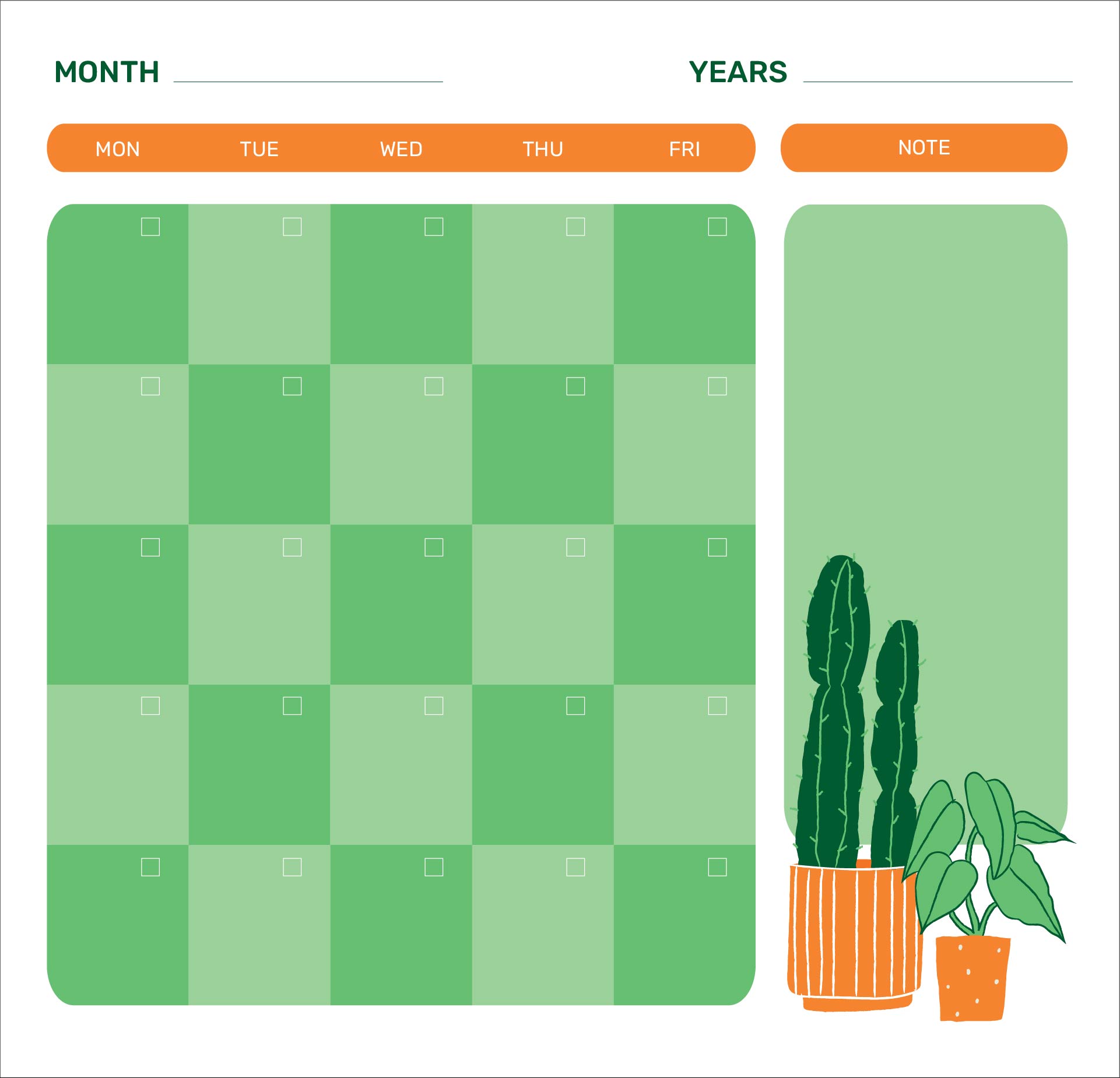 Printable 5-Day Monthly Calendar