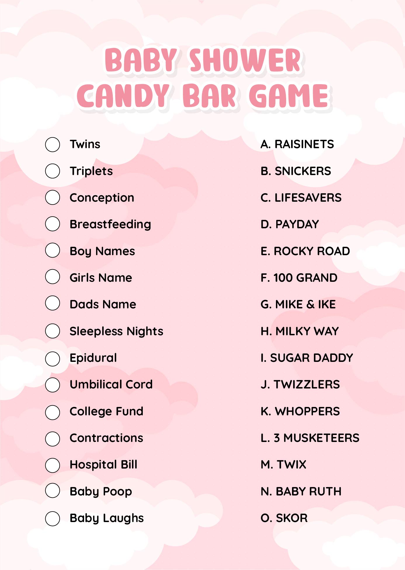 Printable Baby Shower Candy Bar Game