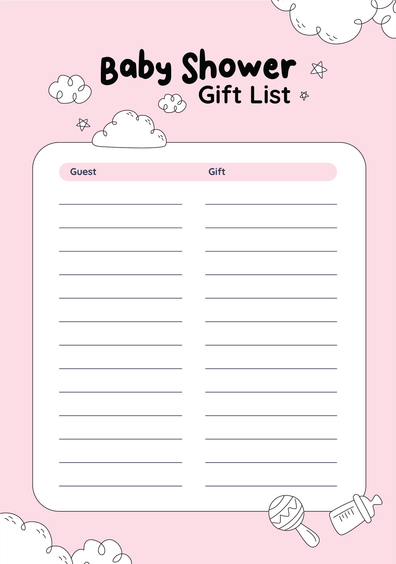 Printable Gift List Boy Baby Shower Guest Sign-in Sheet