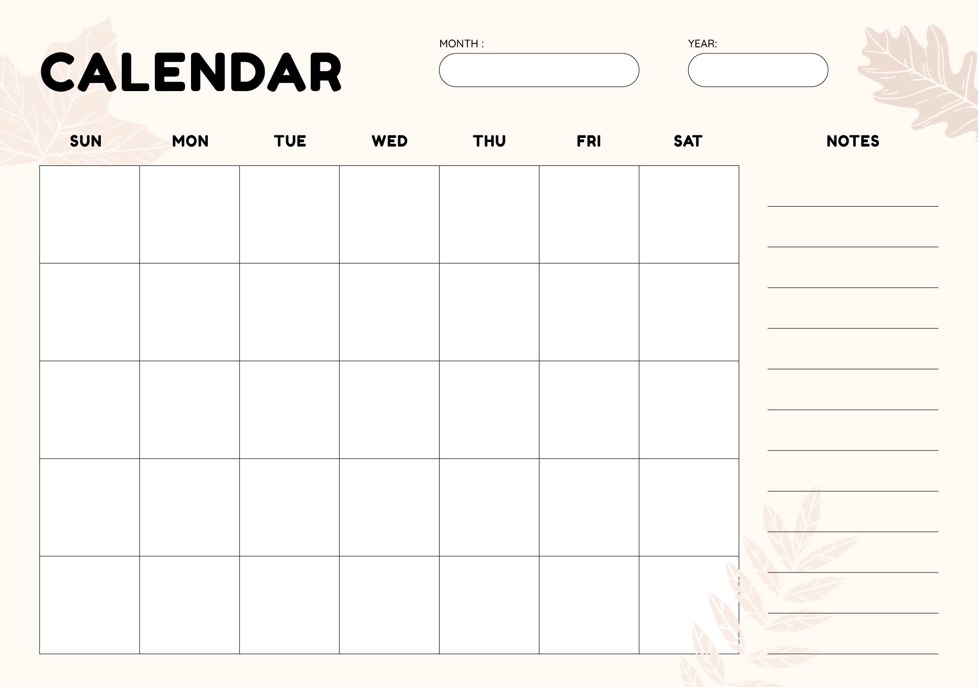 Blank Monthly Calendar With Notes Landscape Printable
