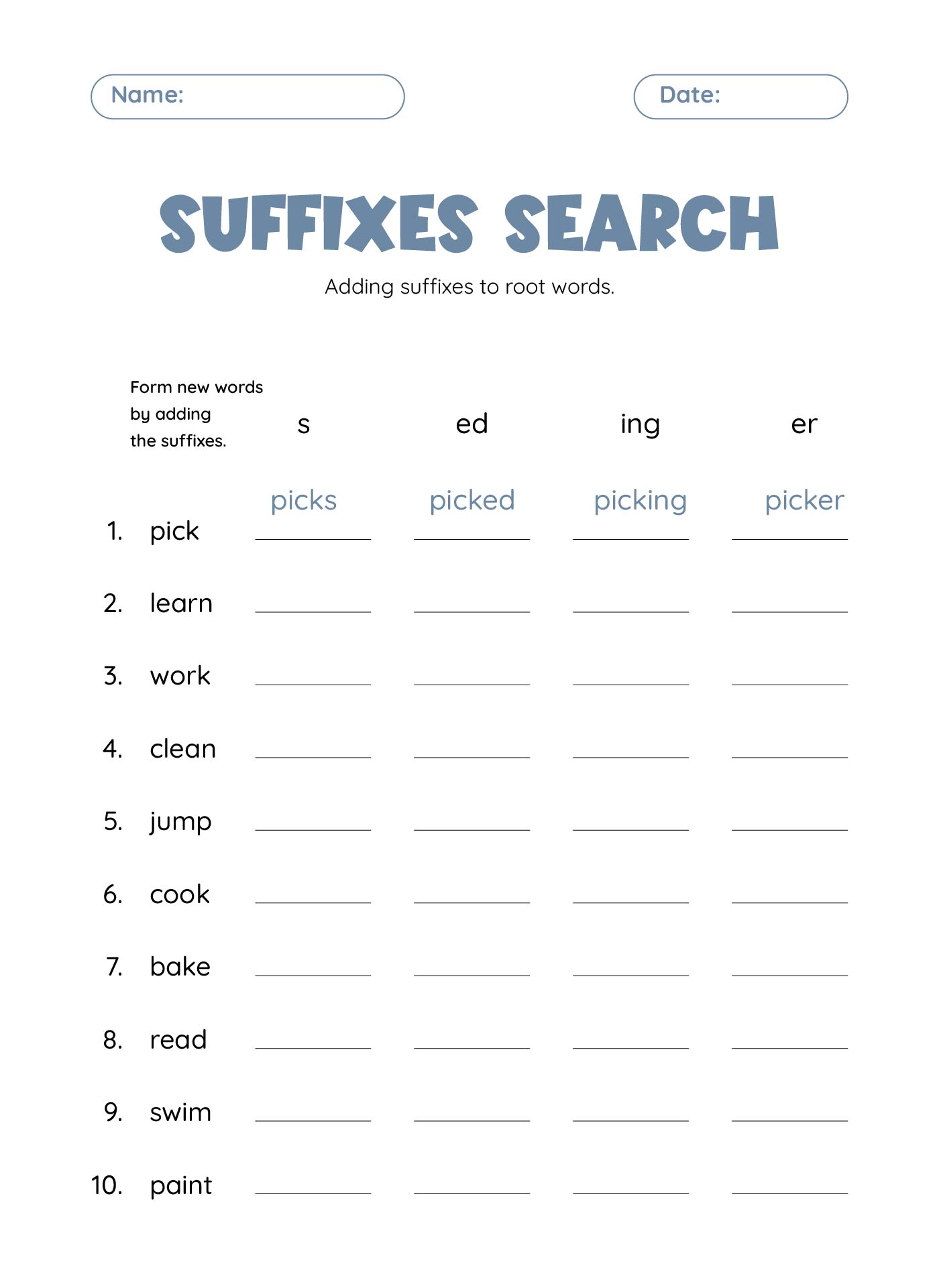 Printable 4th Grade Grammar Suffixes Worksheets