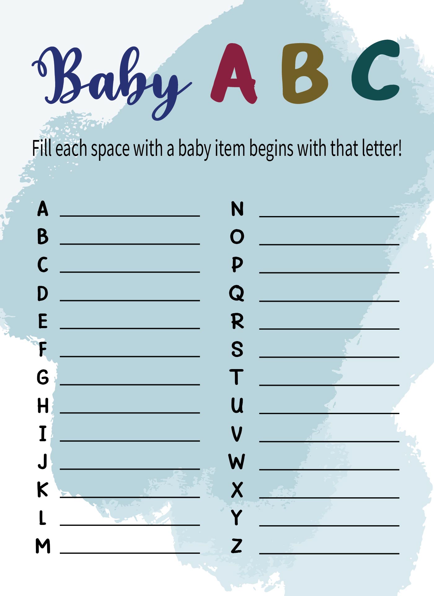 ABC Baby Shower Name Game Printable