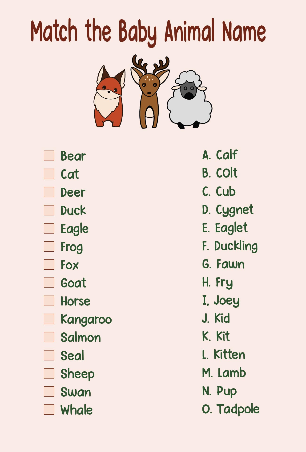 Animals Printable Baby Shower Game
