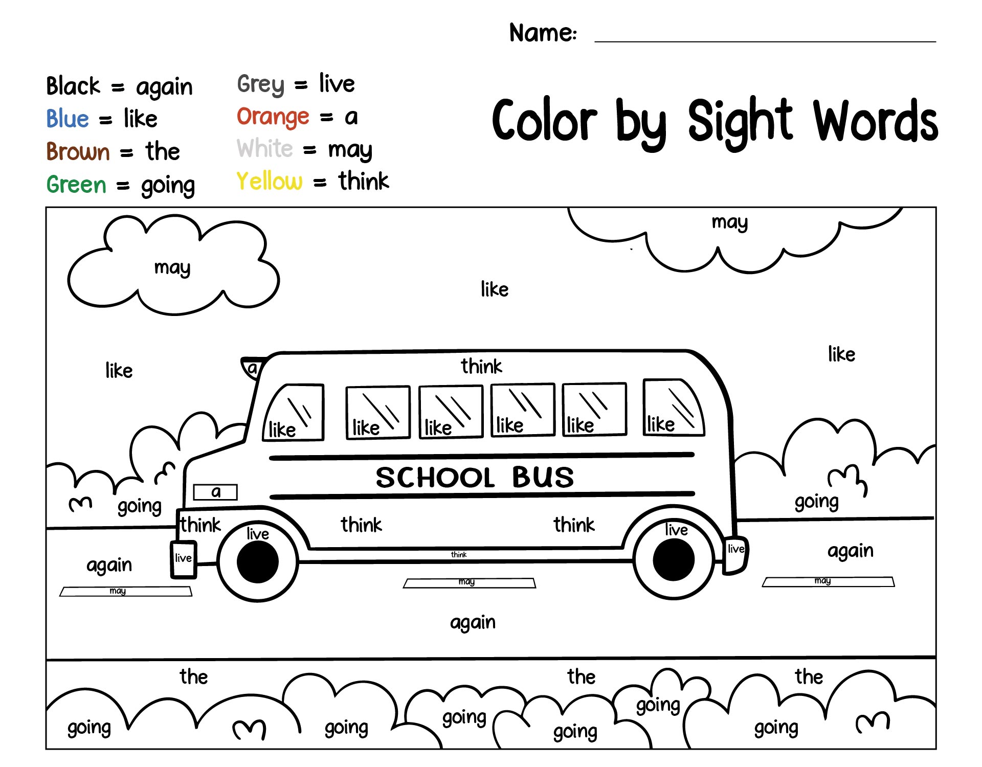 Printable Color By Sight Word Back To School First Grade Worksheets