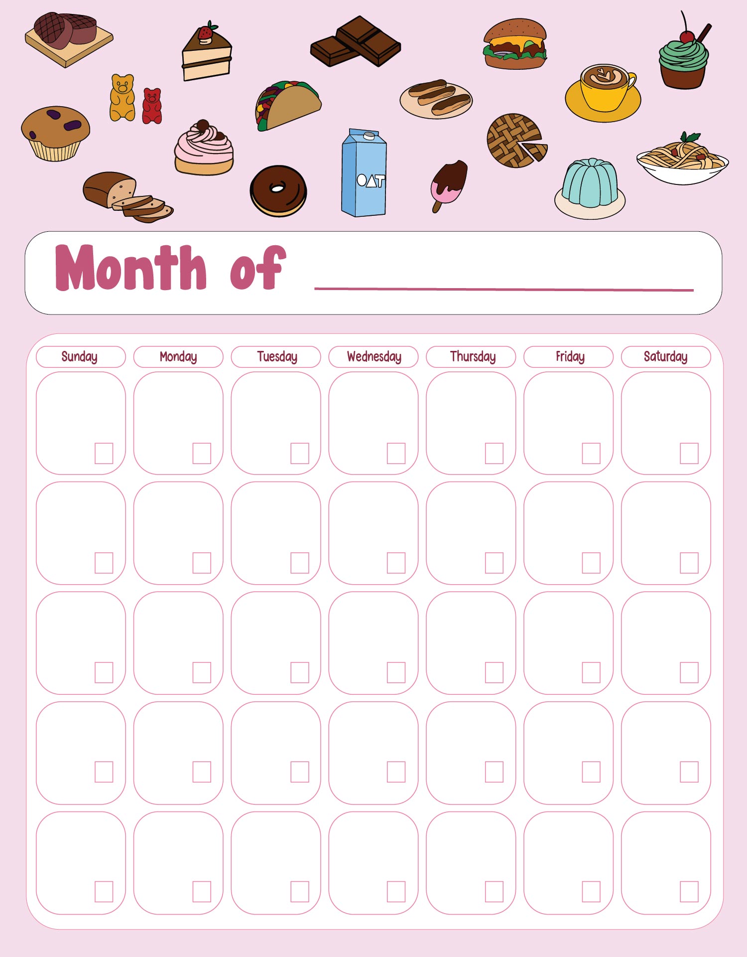 Printable Cute Monthly Calendar Template Doodle