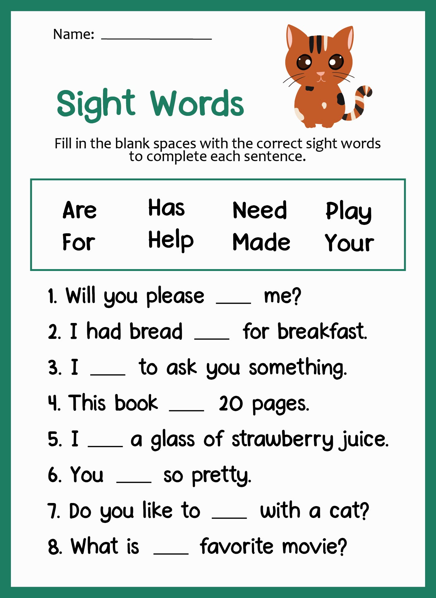 Printable First Grade Sight Word Sentences