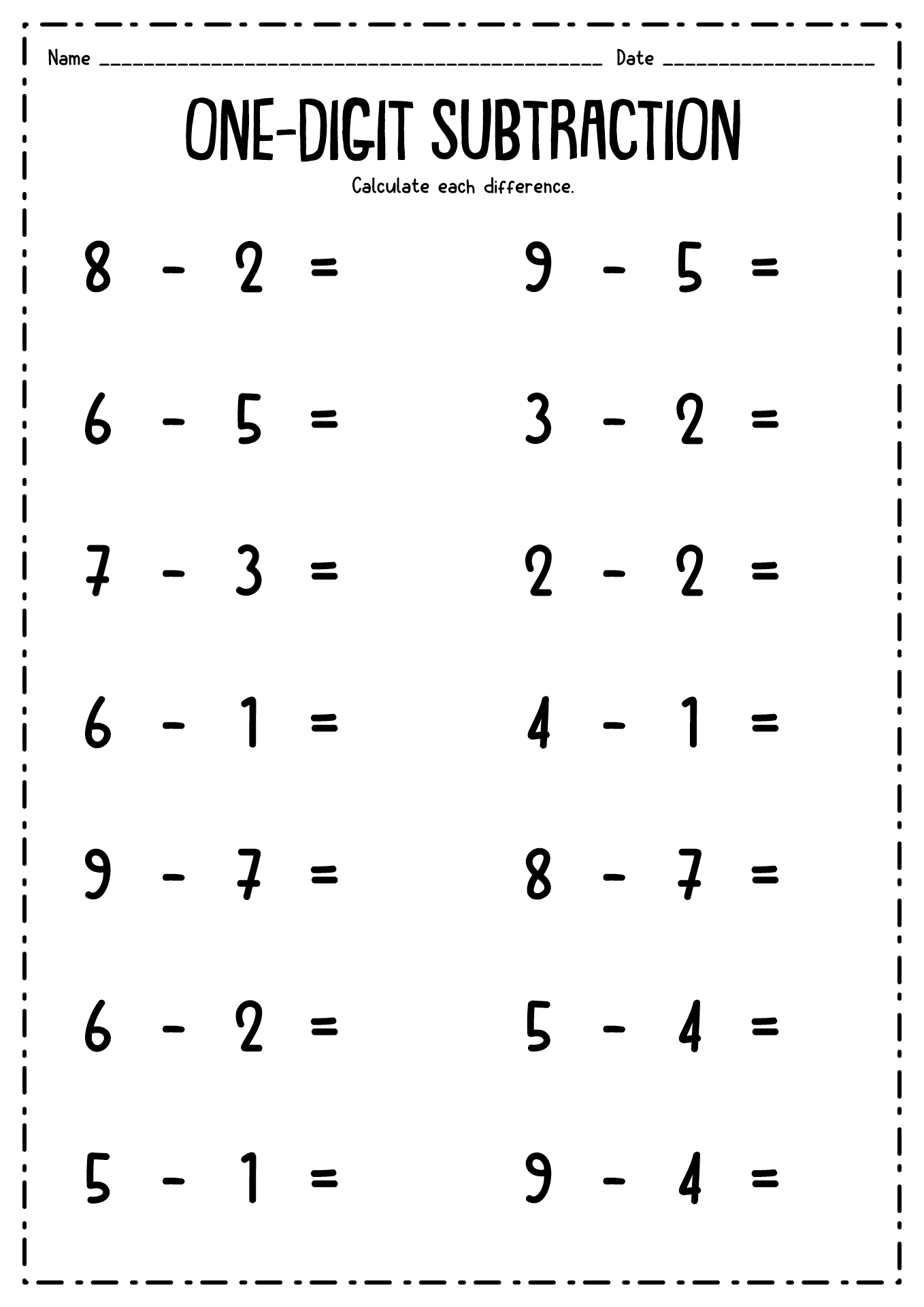 Printable Subtraction 1 Digit Worksheets 1st Grade