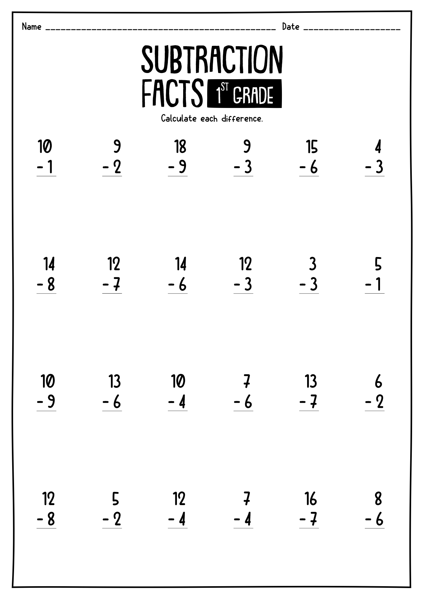 Printable Subtraction Facts Worksheets 1st Grade