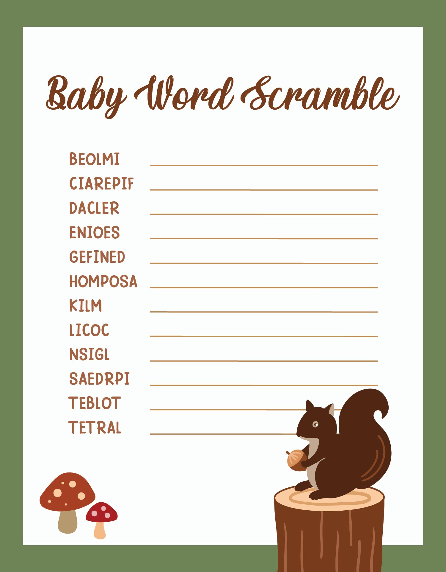 Printable Word Scramble Baby Shower Game Forest Animals Woodland Theme