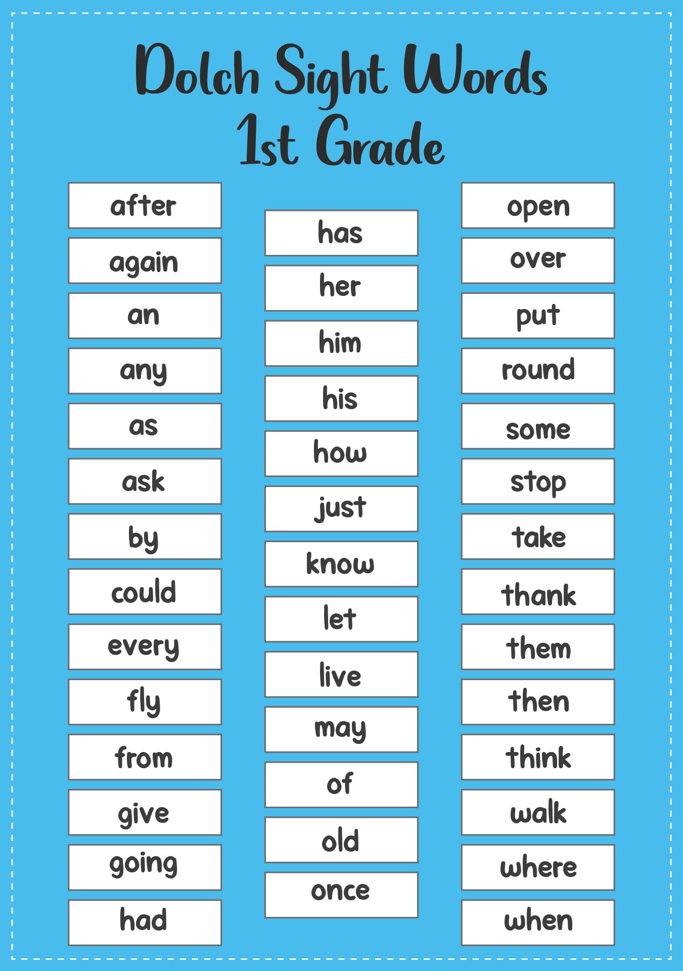Prrintable Dolch Sight Words Lists For 1st Grade