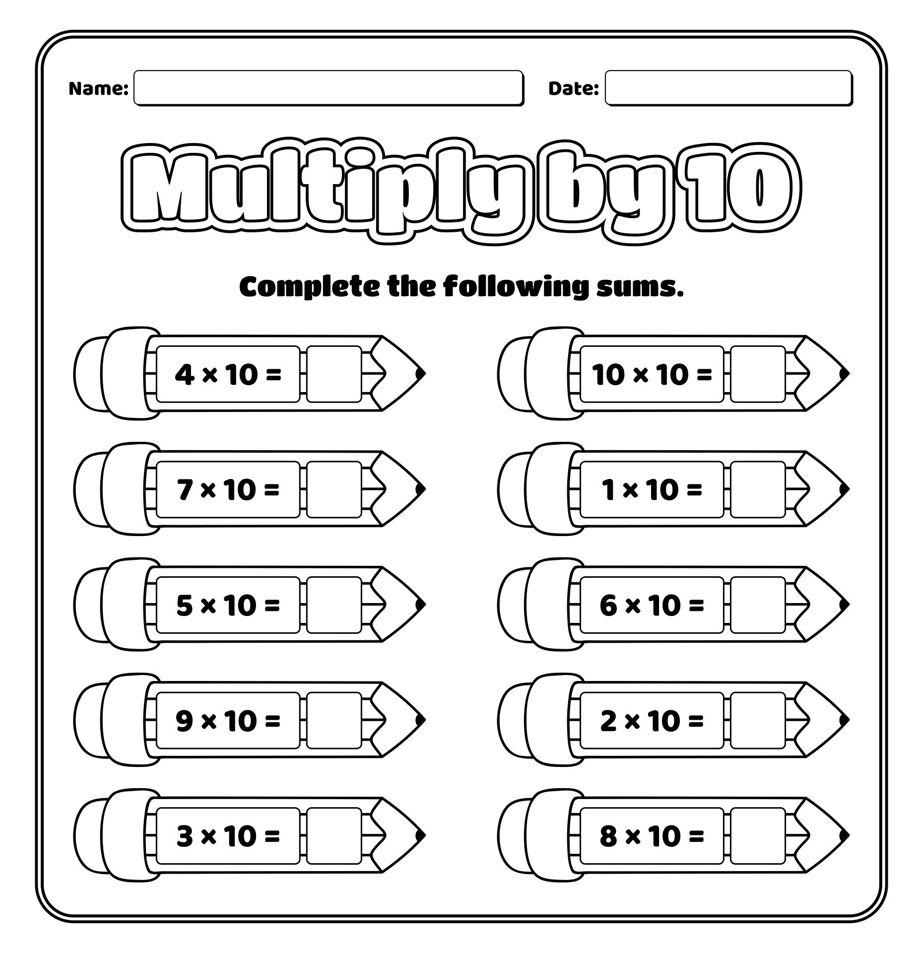 Times Tables To 10 Printables