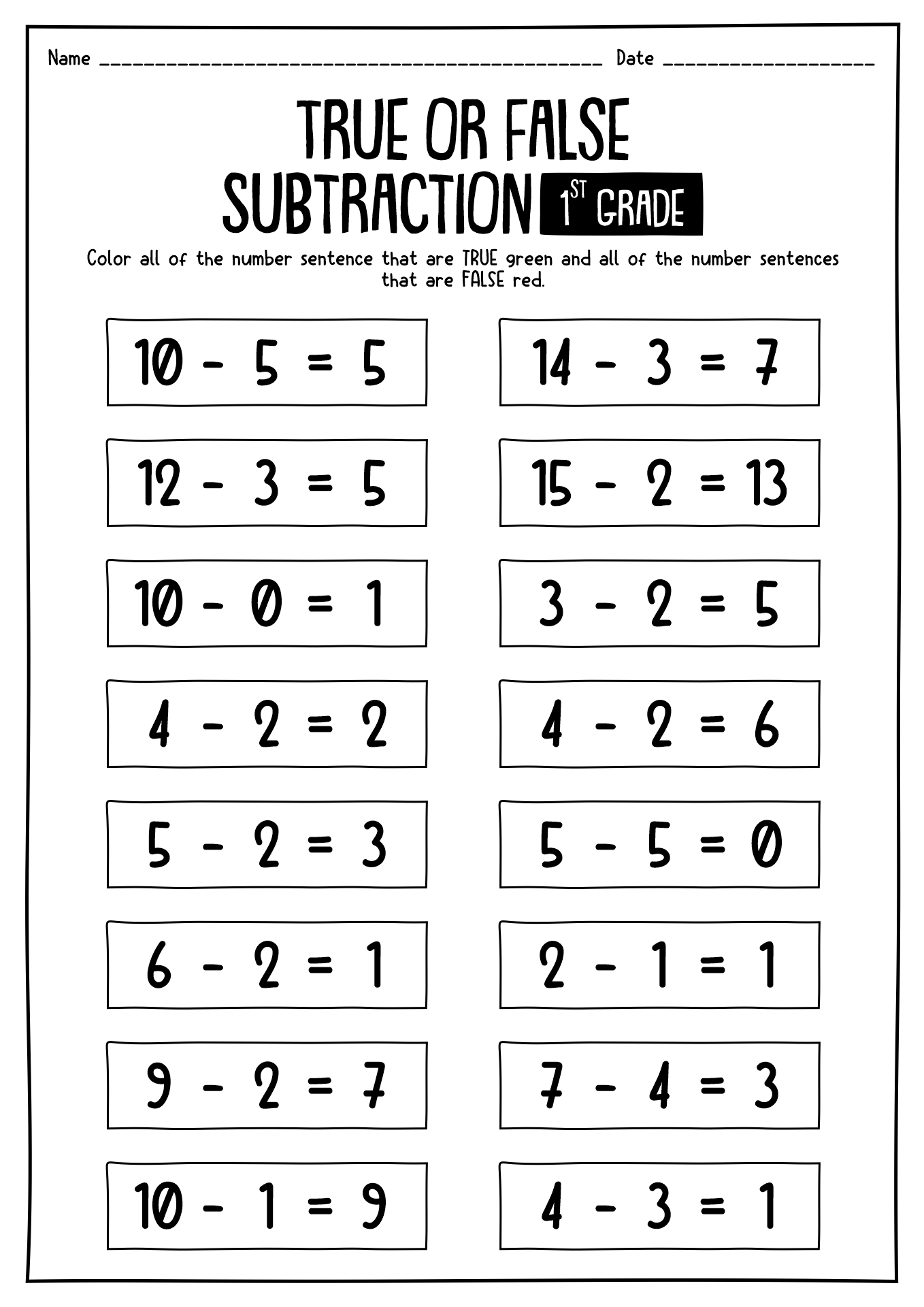 True Or False Subtraction Worksheet For 1st Grade Printable