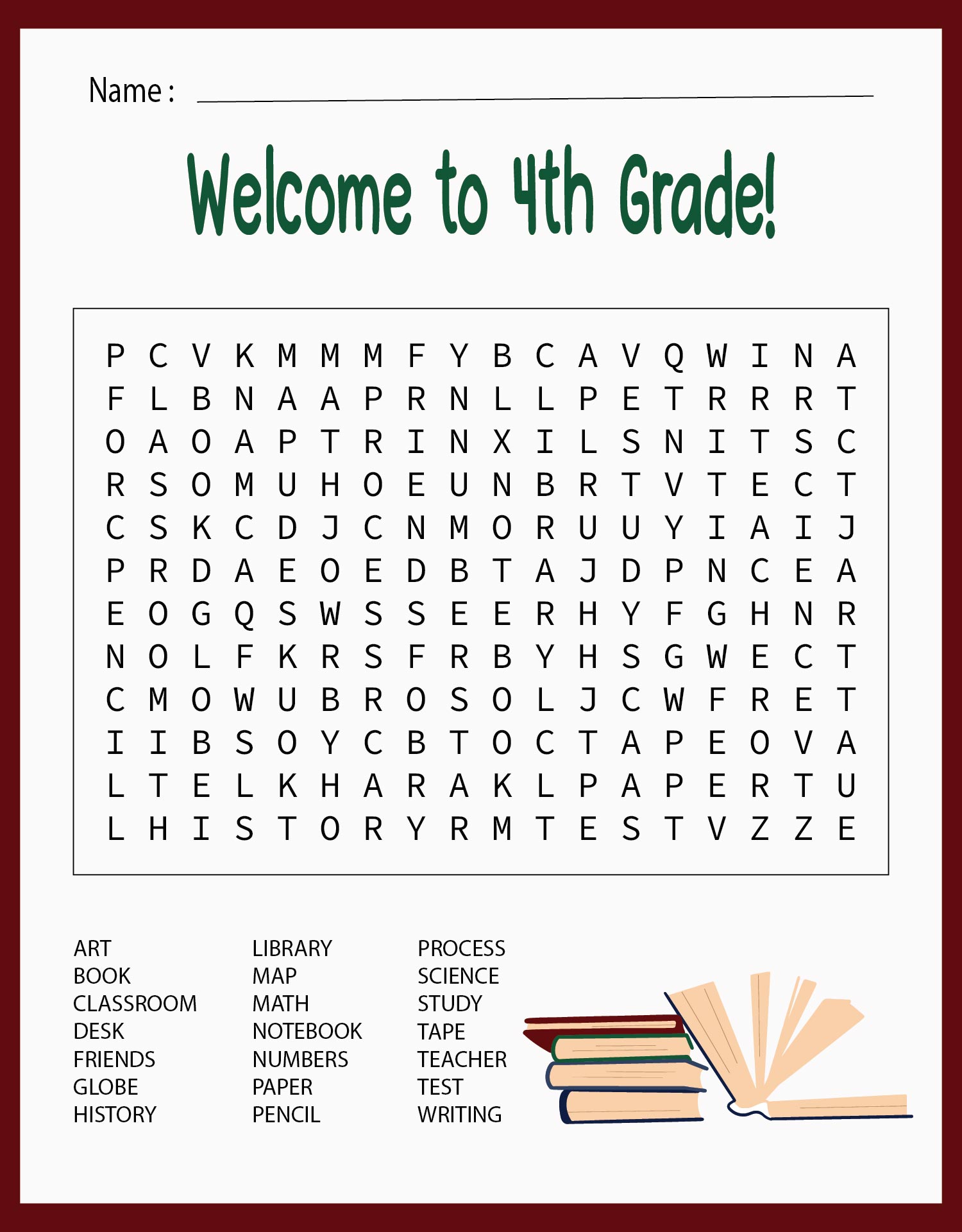 Welcome To Fourth Grade! Word Search Printable