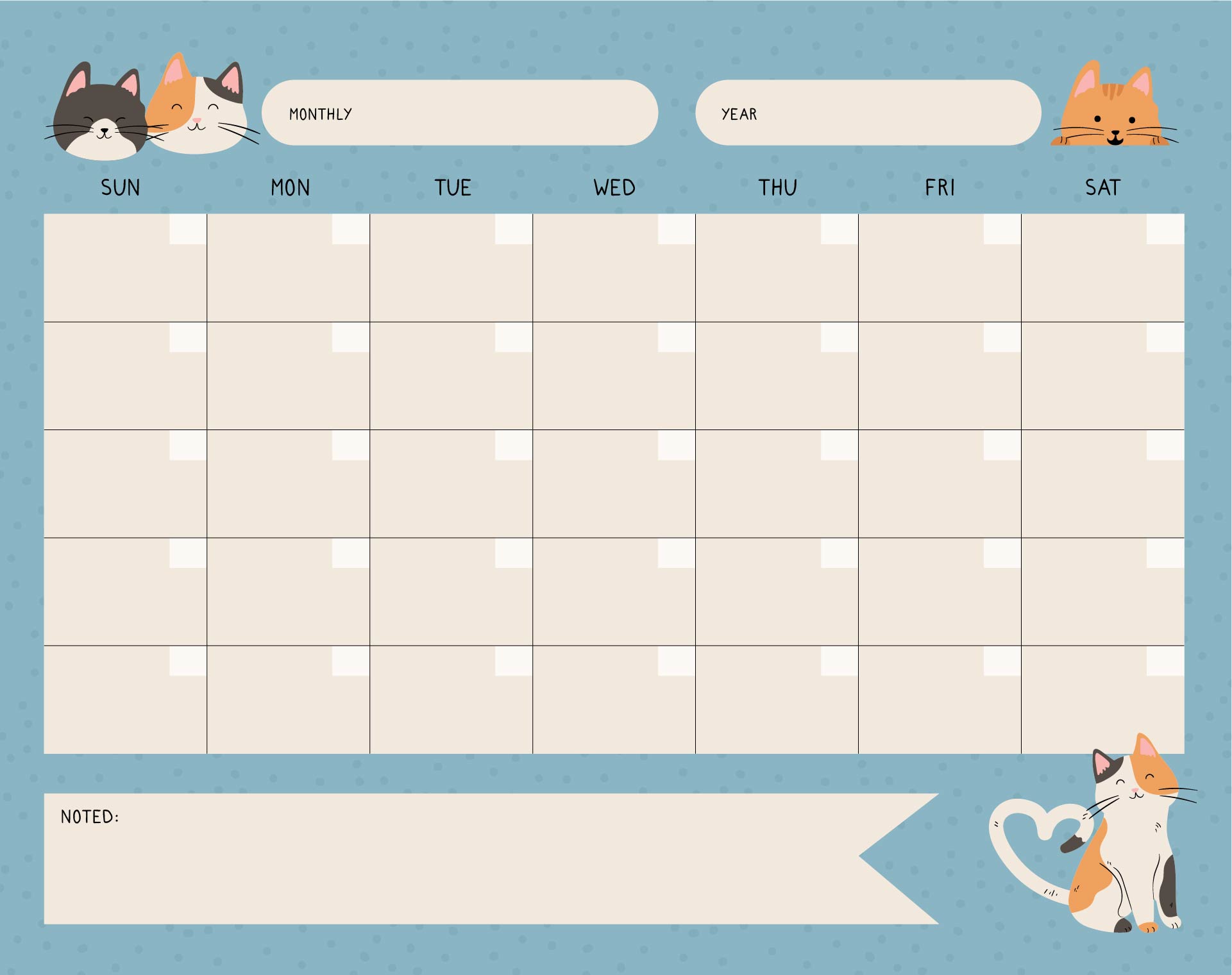 Cute Cat Printable Blank Calendar Template