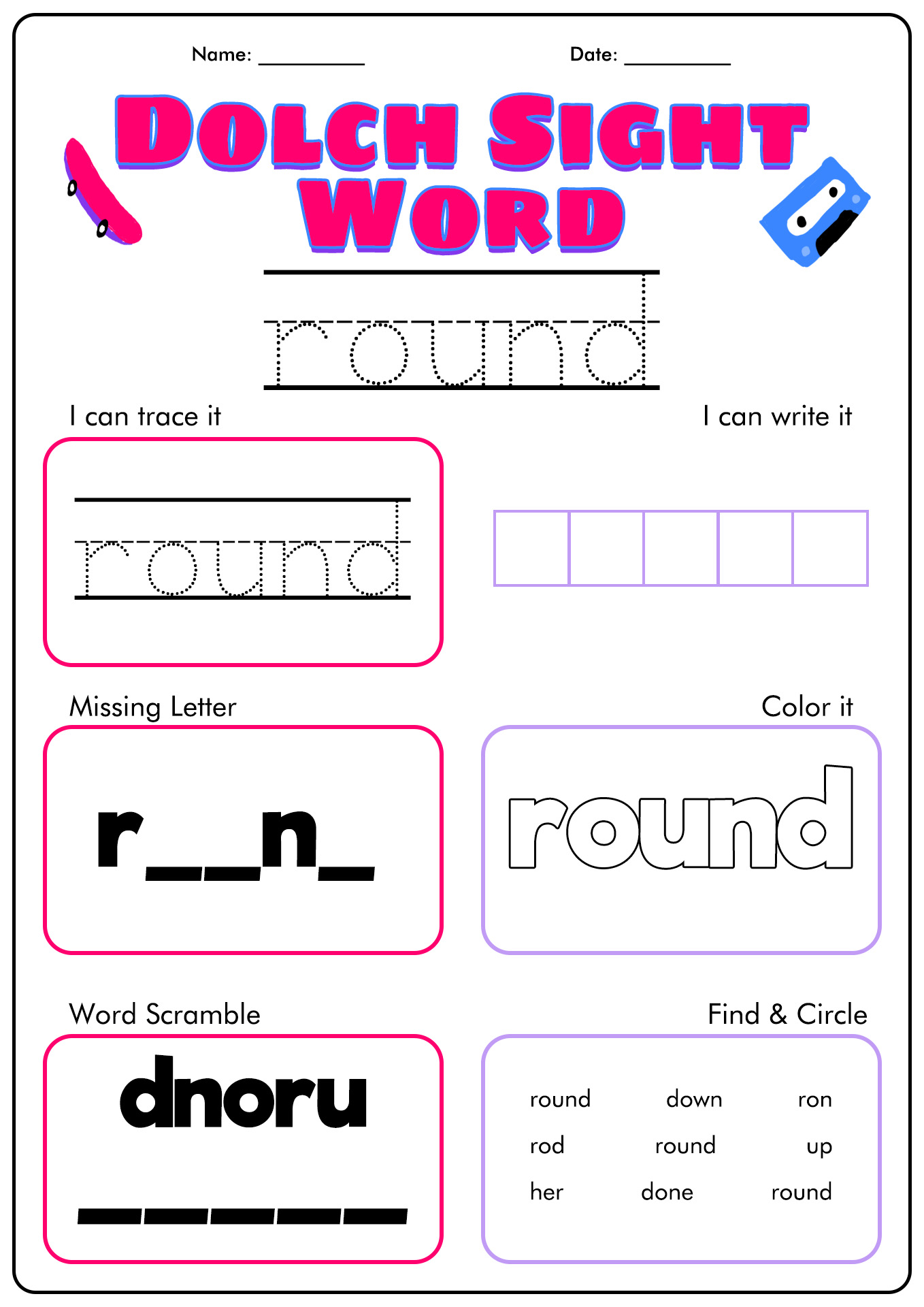 1st Grade Dolch Sight Word Handwriting Worksheets Printable