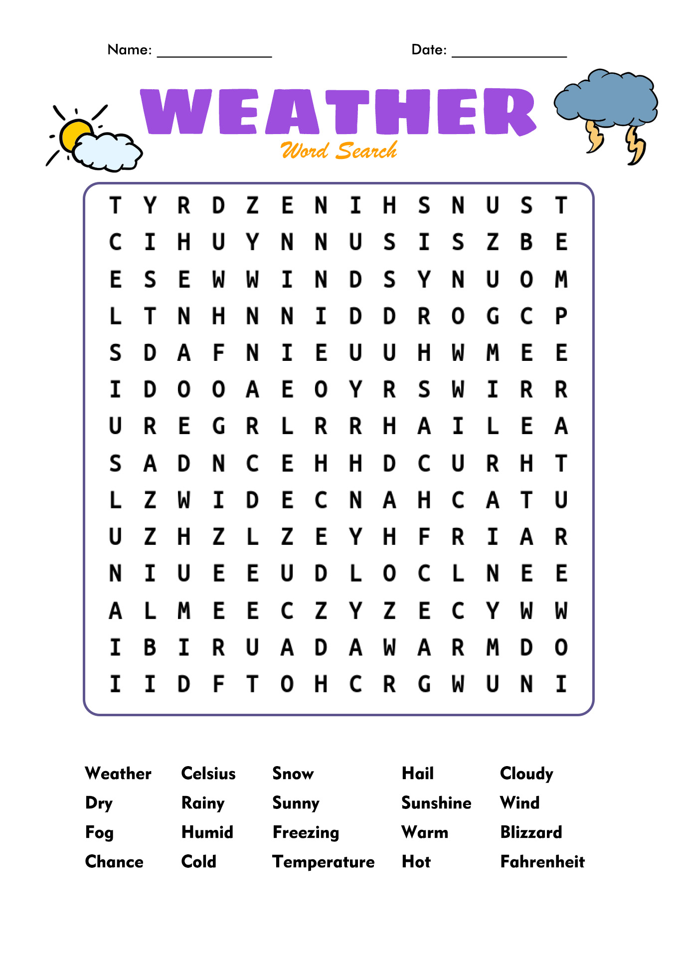 Printable 1st Grade Weather Word Search Worksheets