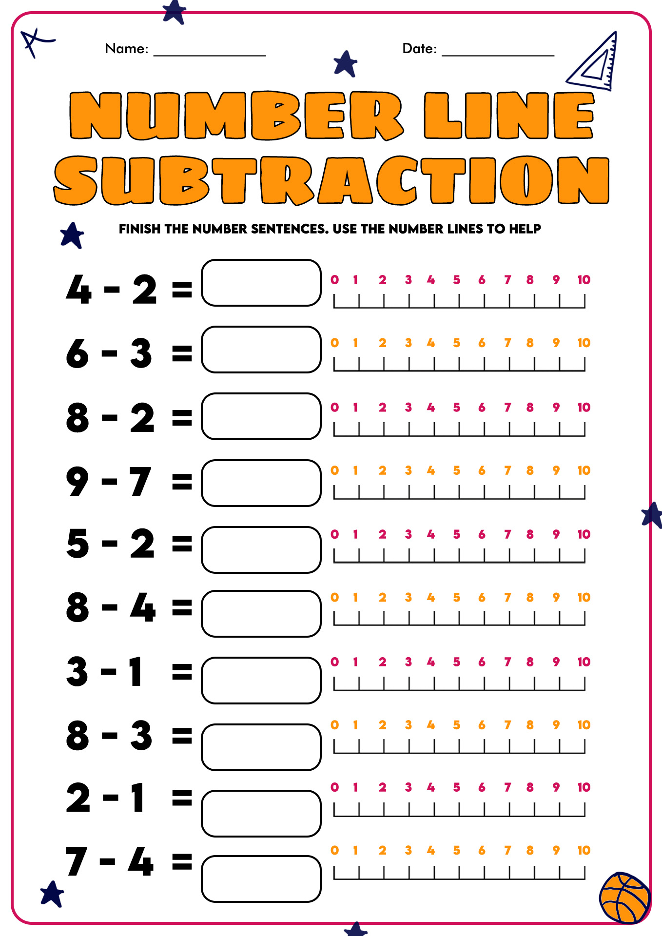 Printable Number Line Subtracting Worksheets