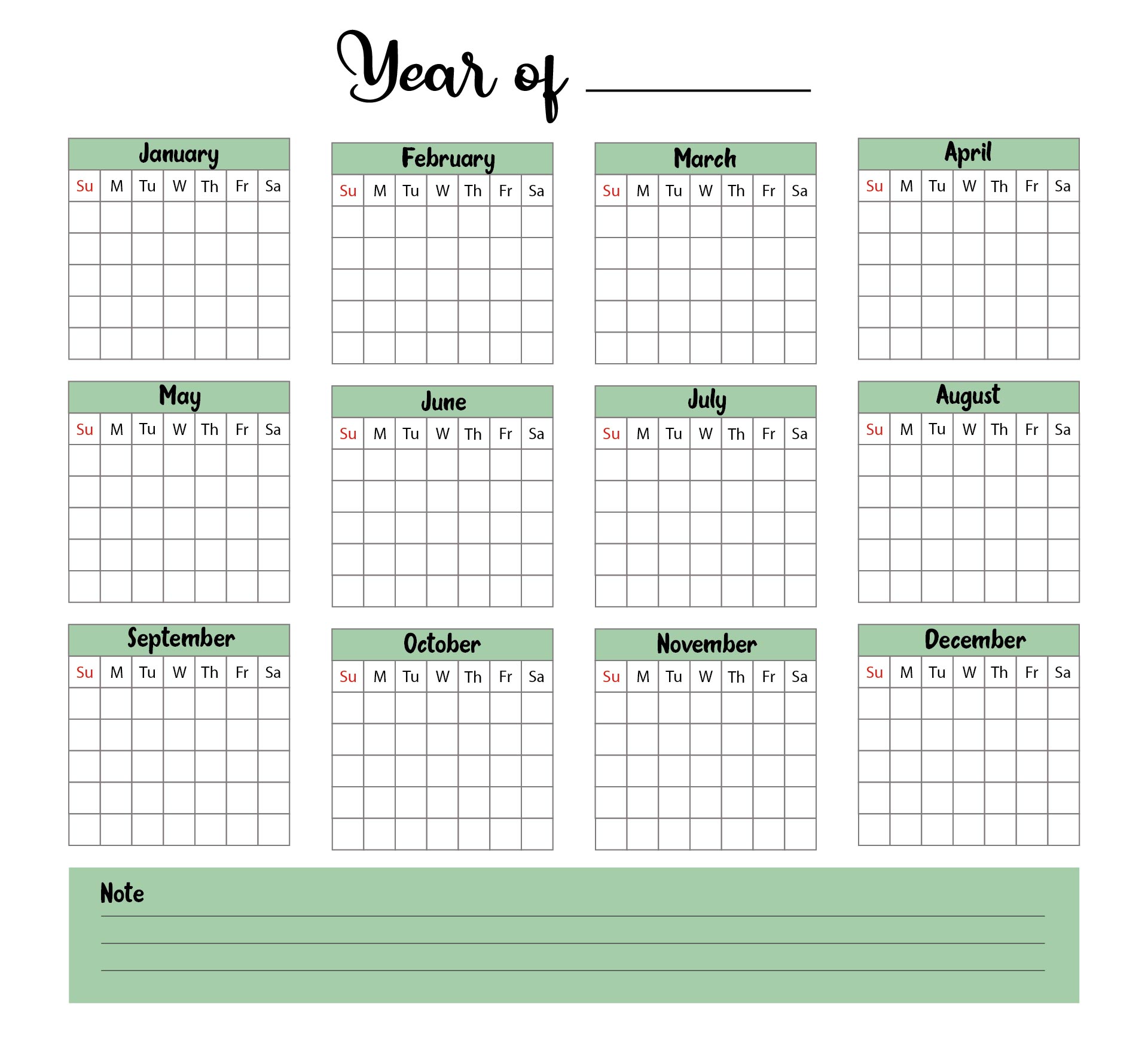 Printable Yearly Blank Calendar Template