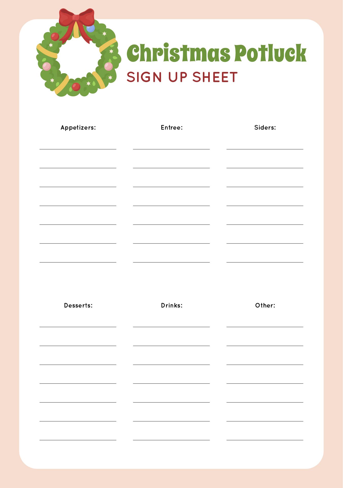 Christmas Party Planning Potluck Sign Up Sheet Printable