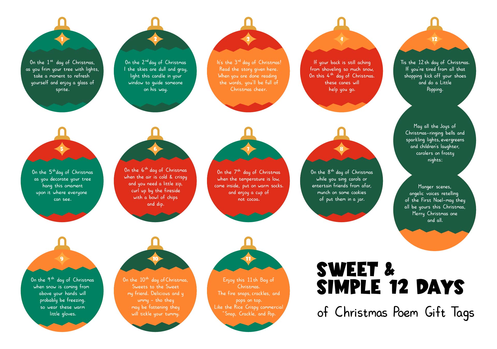 Printable Sweet & Simple 12 Days Of Christmas Poem Gift Tags