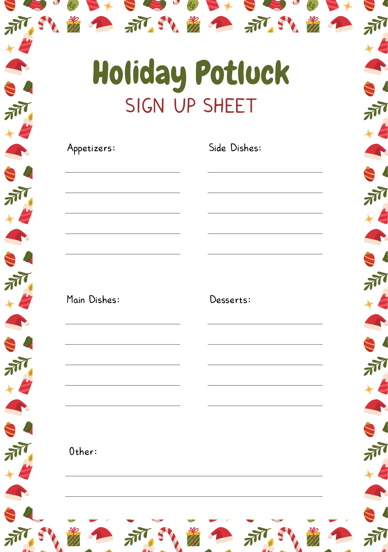Christmas Holiday Potluck Sign Up Sheet Printable