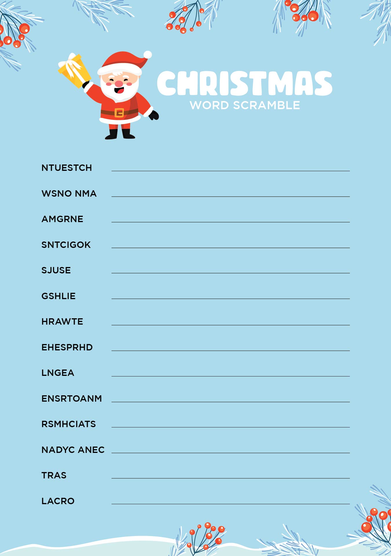 Santas Christmas Word Scramble Activity Page Printable