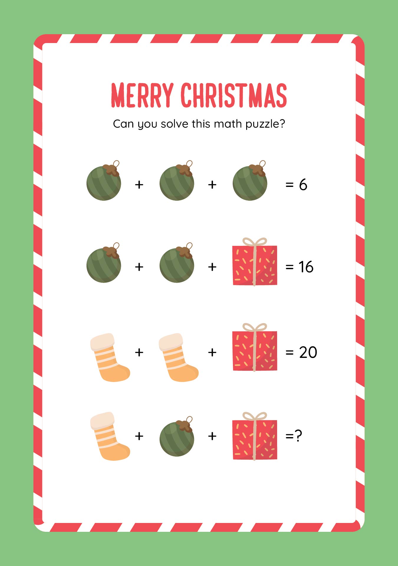 Christmas Picture Puzzle Math Brain Teasers Printable