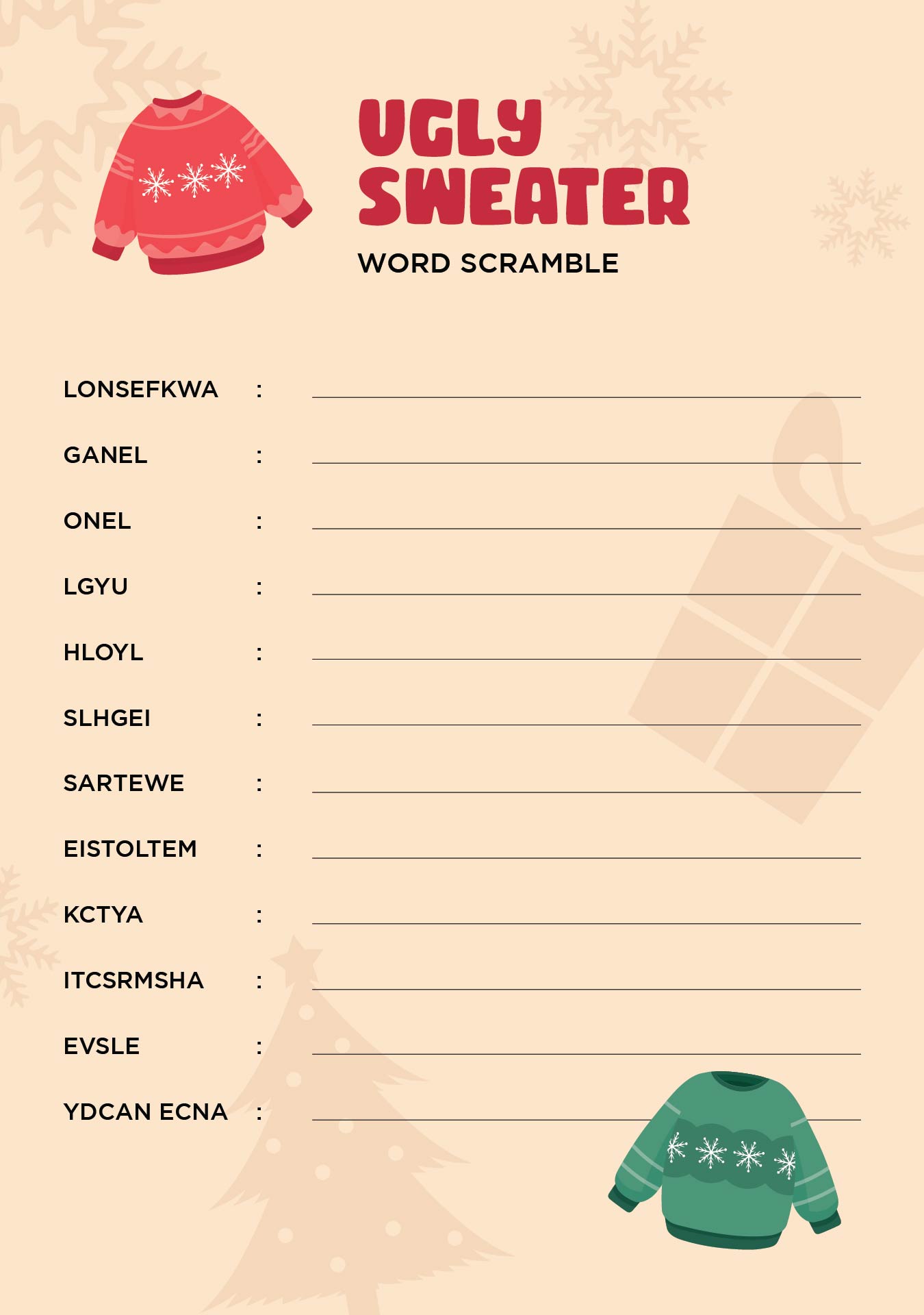 Ugly Sweater Party Christmas Word Scramble Game Printable