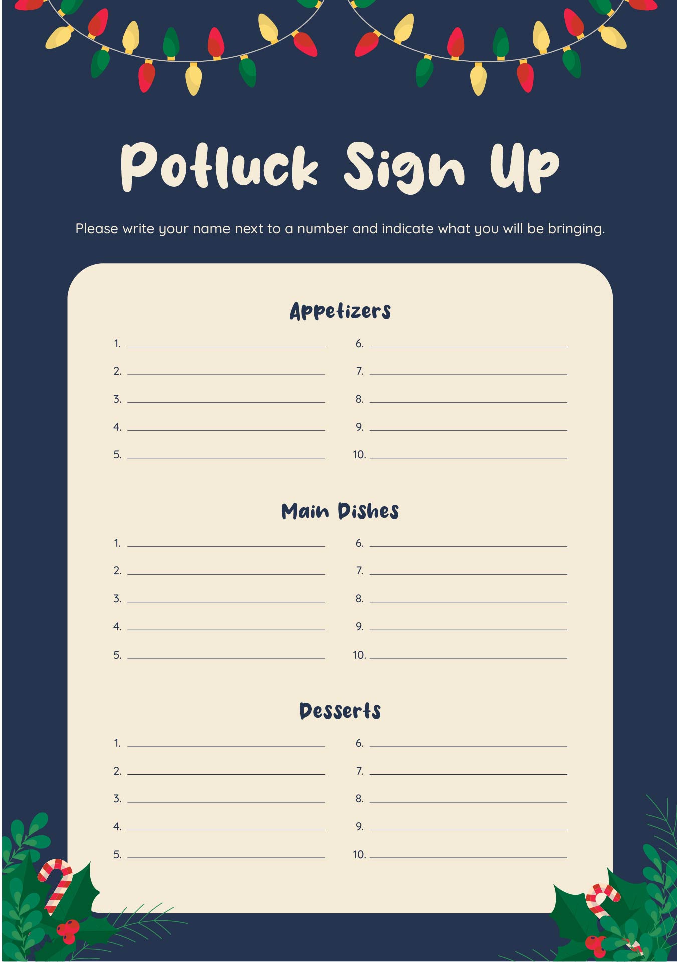 Christmas Dinner Party Sign Up Sheet Template Printable