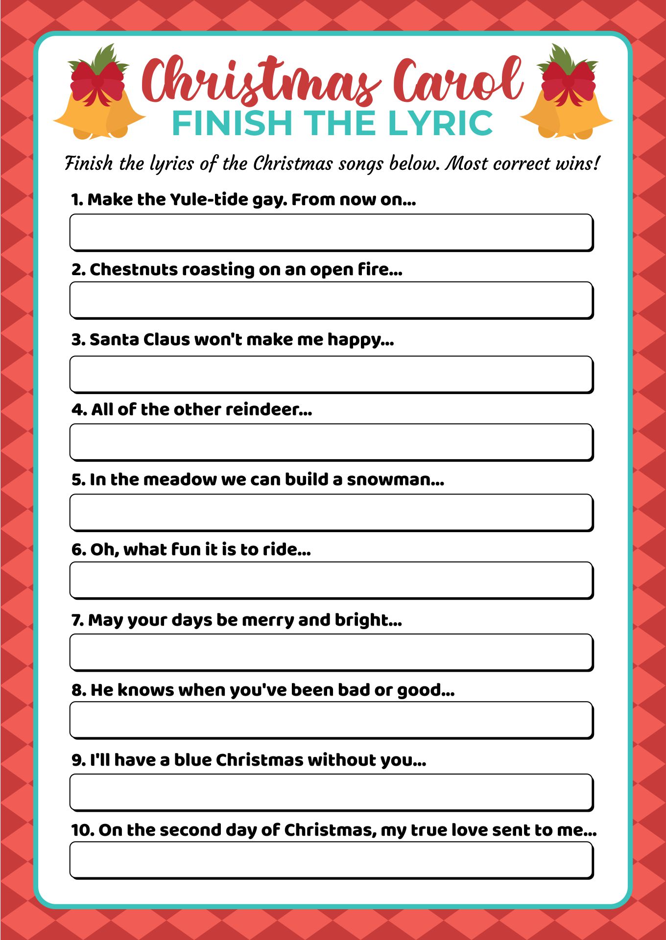 Christmas Carol Finish The Lyric Game Printable