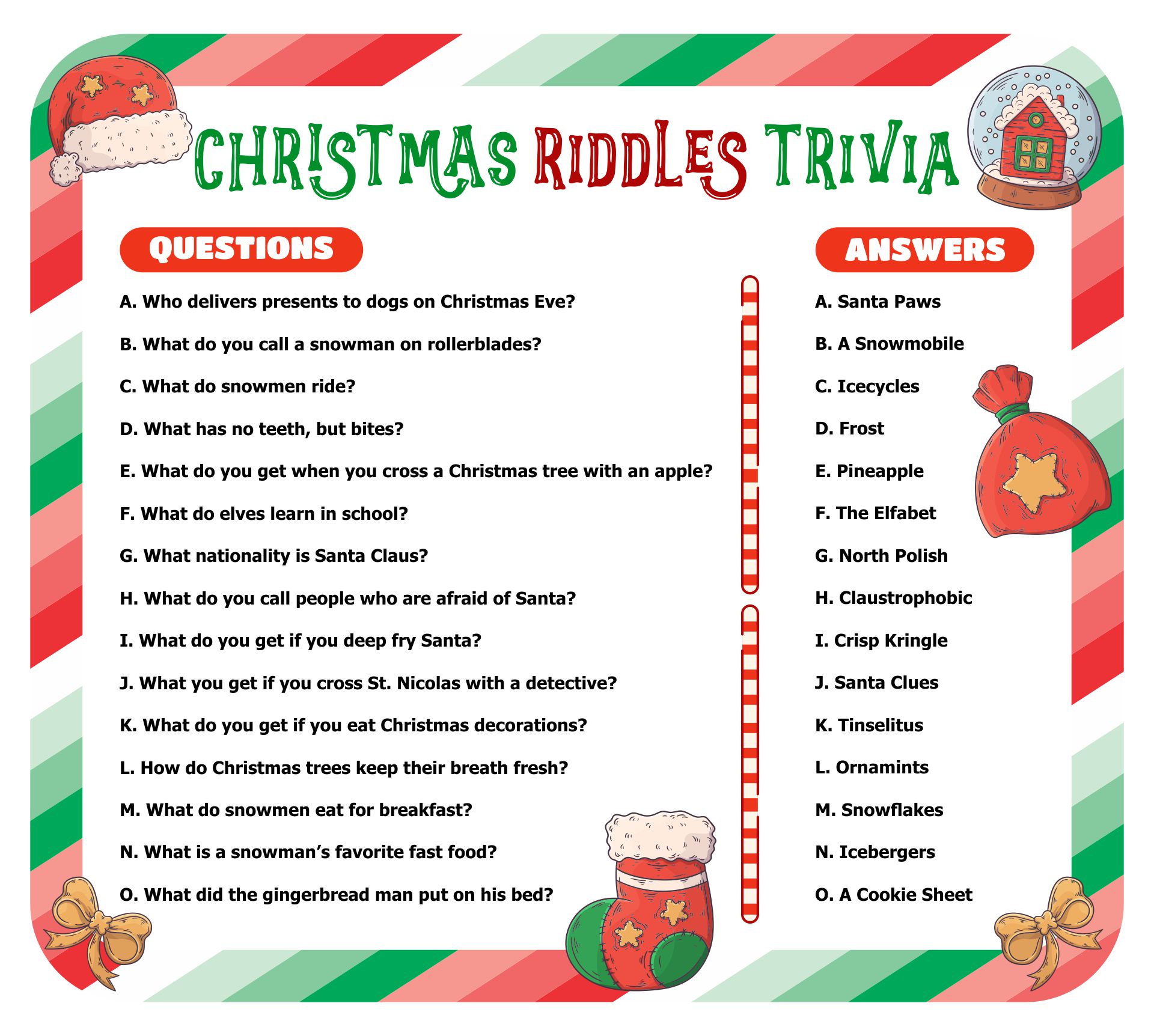 Christmas Riddles Trivia Game Printable With Answers