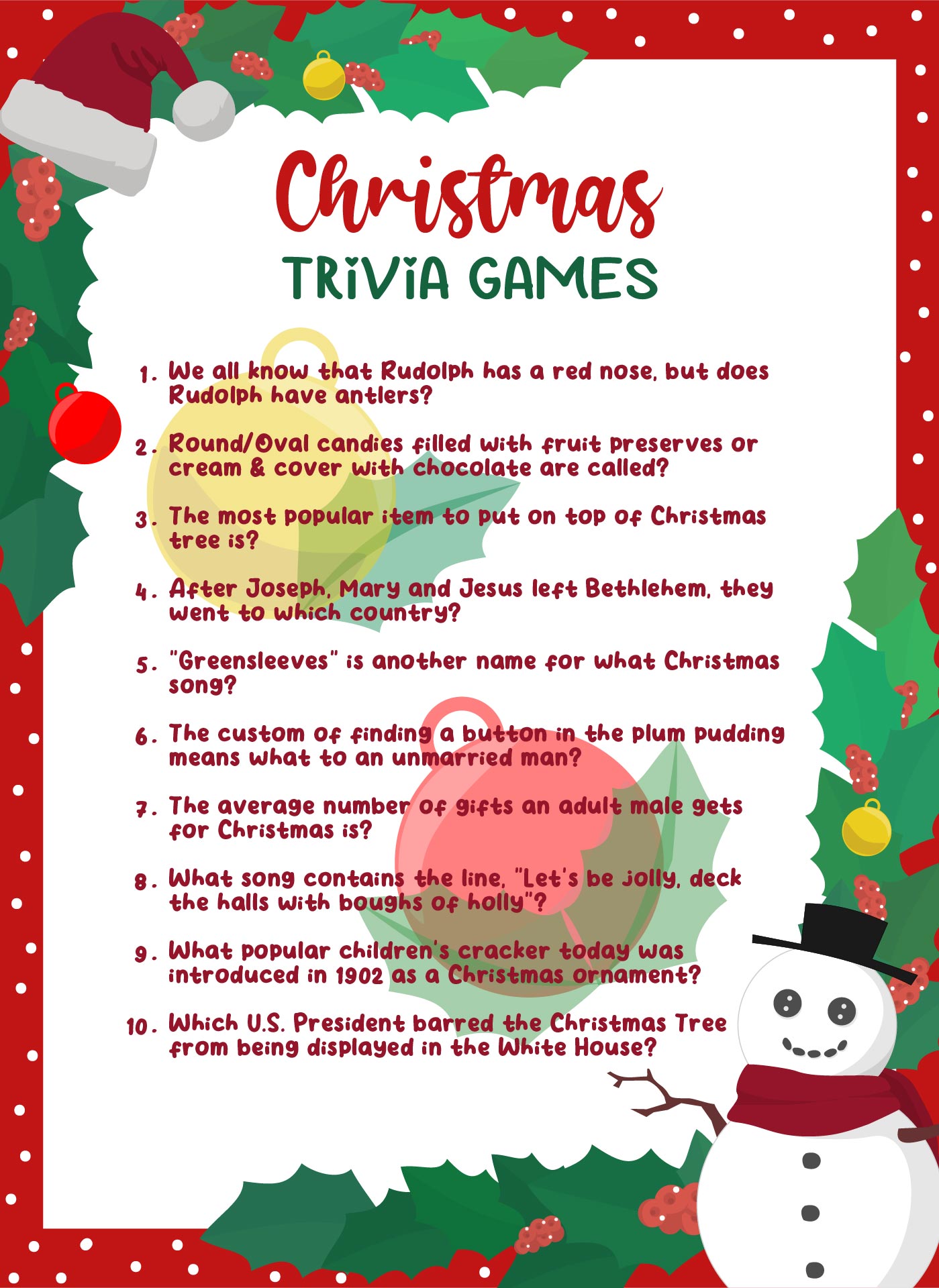 Christmas Trivia Printables Games For The Family