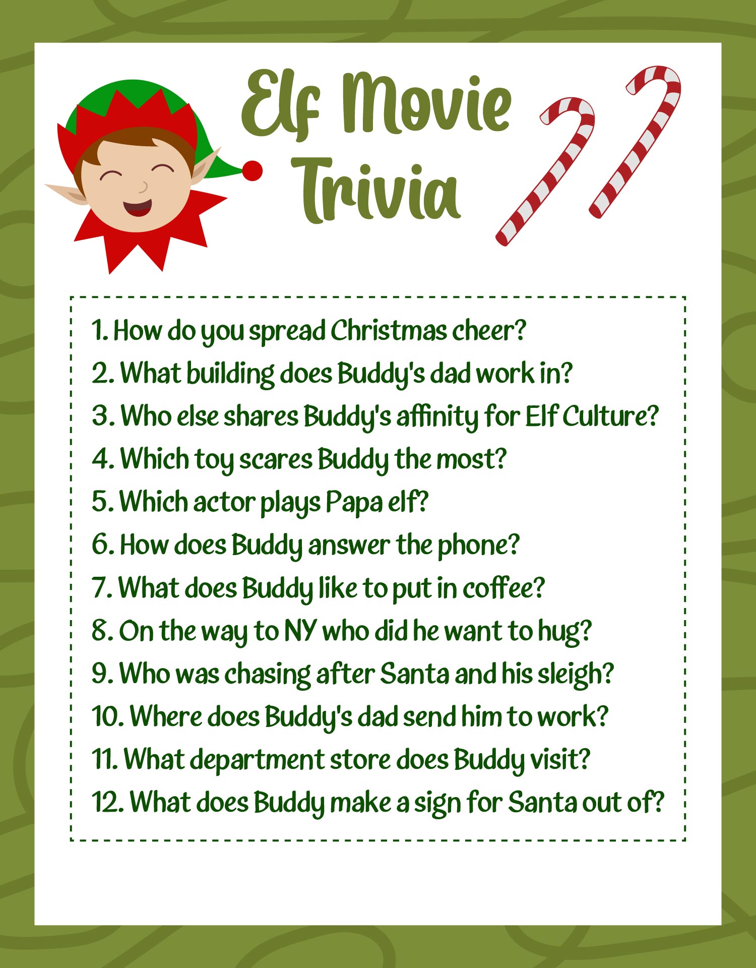 Elf Trivia Christmas Quiz Printable